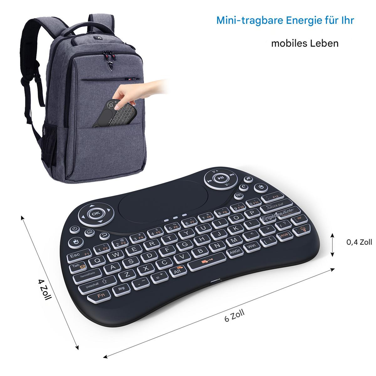 Eine schwarze Mini-Tastatur mit einem Rucksack. Sie hat eine kleine Größe und viele Tasten.