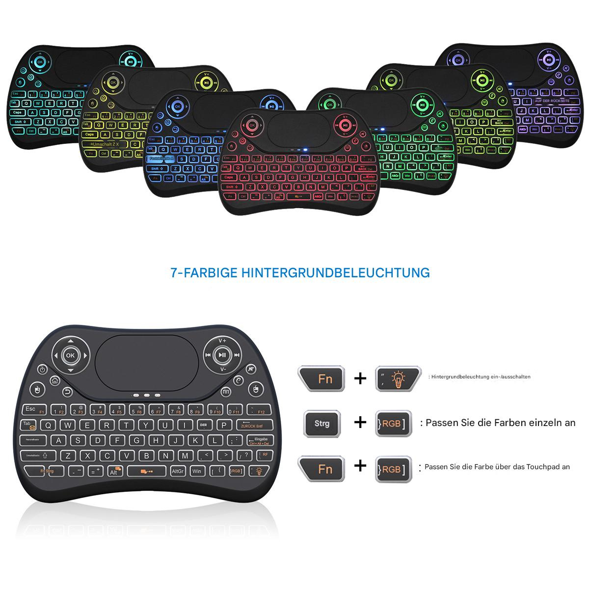 Mehrere schwarze Mini-Tastaturen mit farbiger LED-Hintergrundbeleuchtung. Text auf Deutsch.