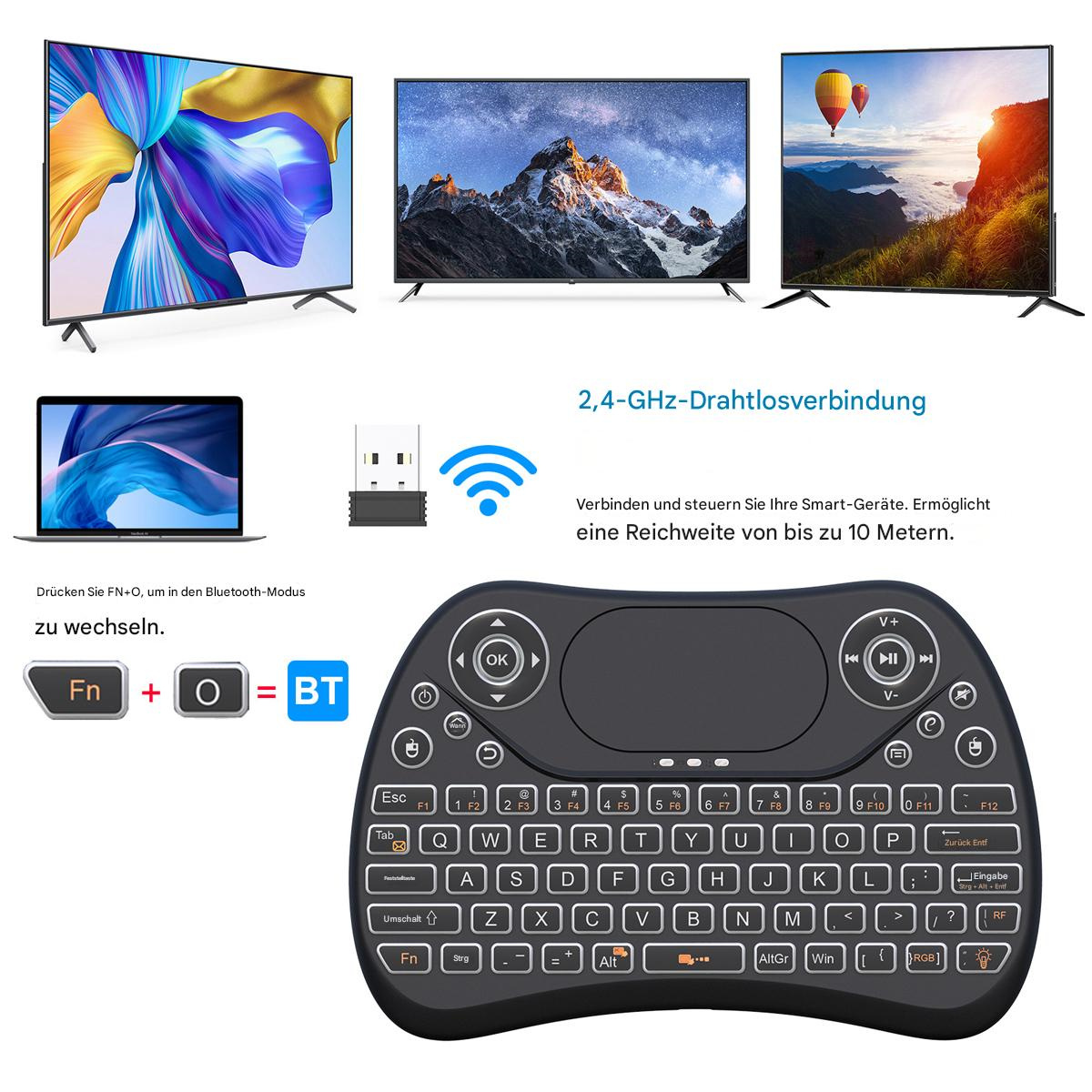Tastatur mit Maus, Fernsehbildschirmen und Laptop.