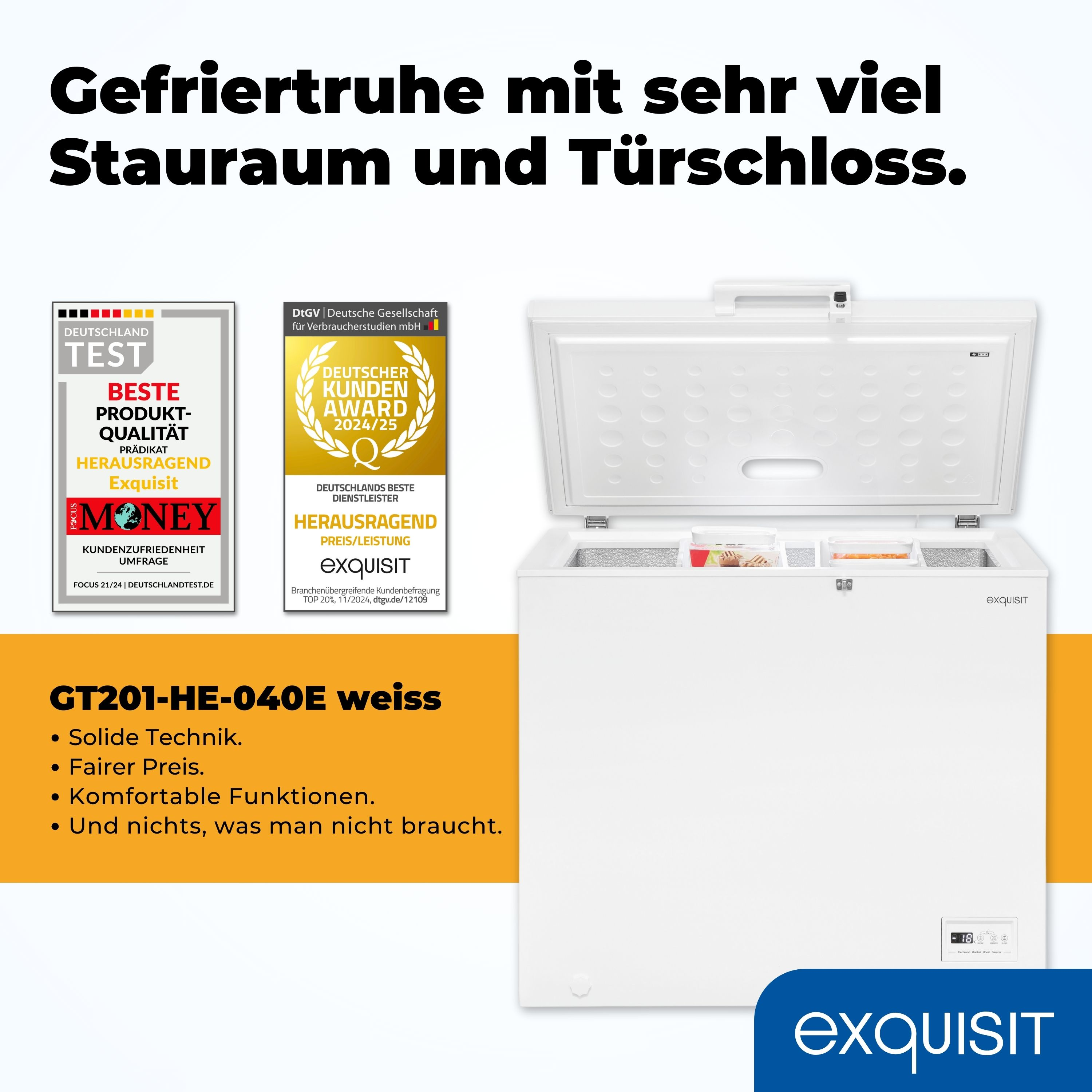 Ein weißer Gefrierschrank mit offener Tür und zwei Auszeichnungen. Text auf Deutsch.