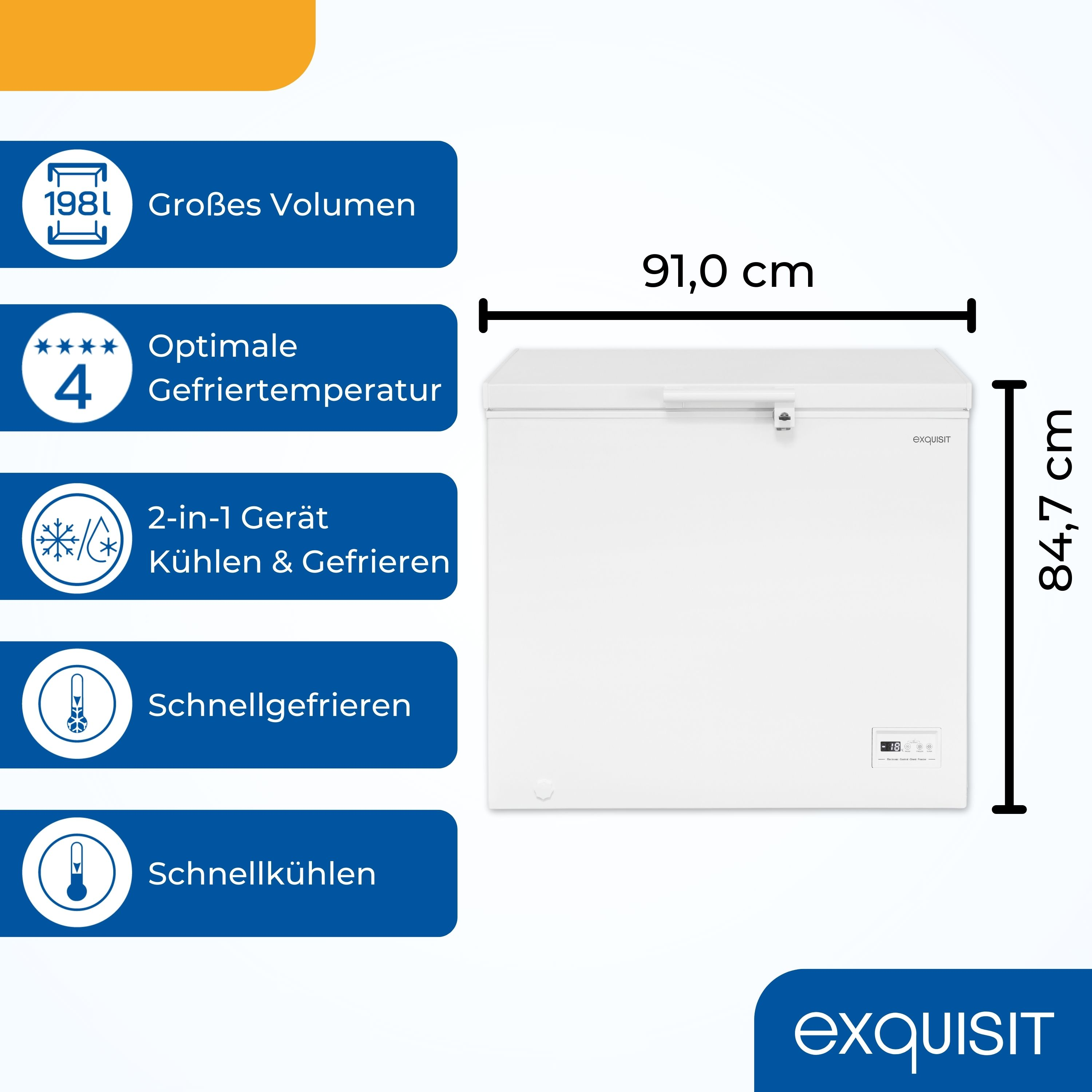 Weiße Truhen-Gefriertruhe mit Textbeschriftungen und Maßen, weißer Hintergrund.