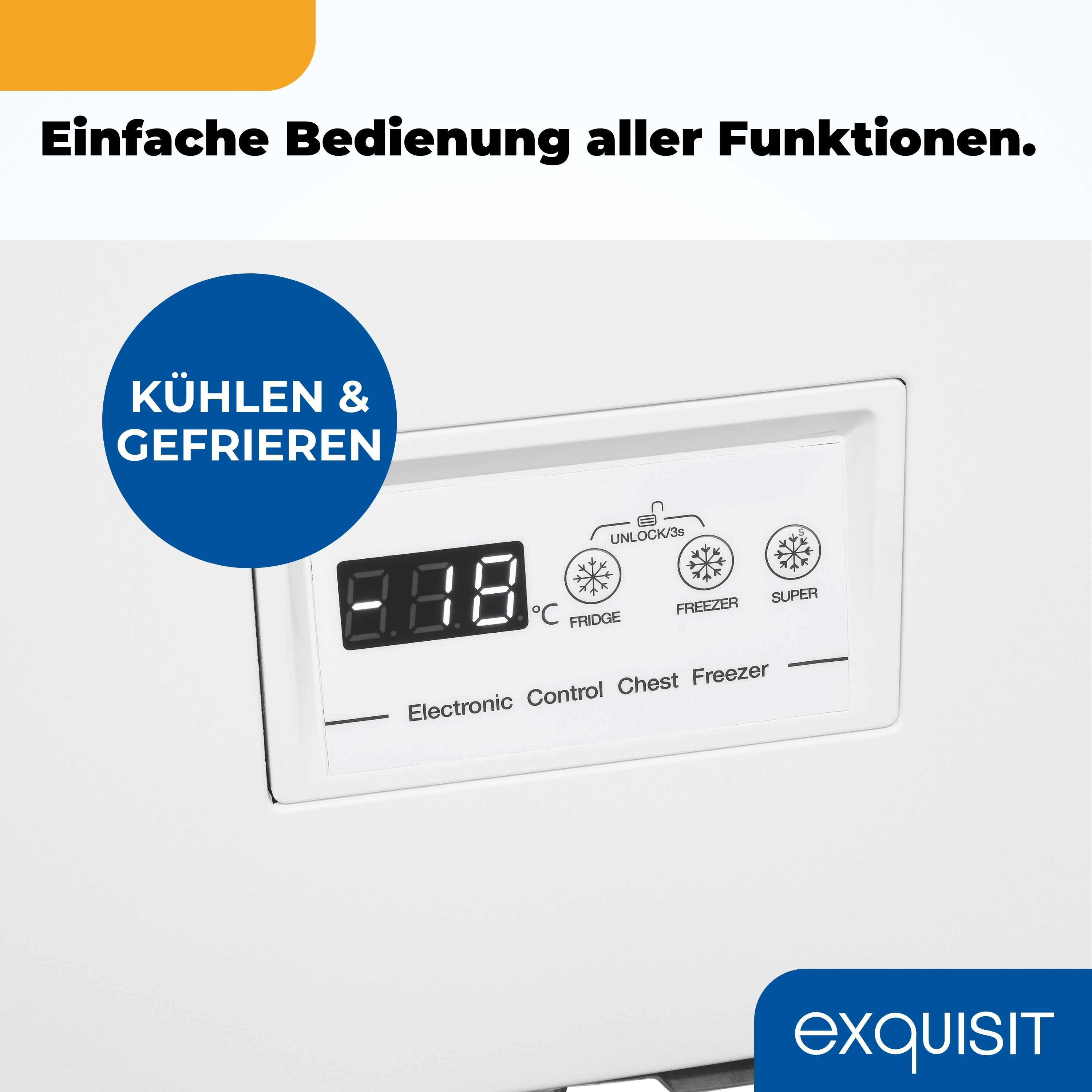 Gefrierschrank-Bedienfeld mit Digitalanzeige, die -18 Grad Celsius anzeigt.