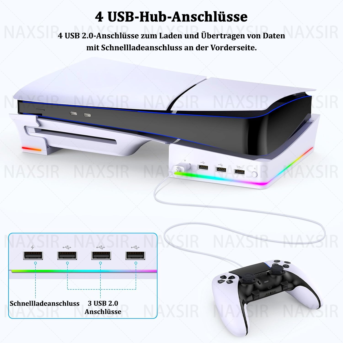Spielkonsole mit angeschlossener Ladestation, Controller und USB-Anschlüssen.