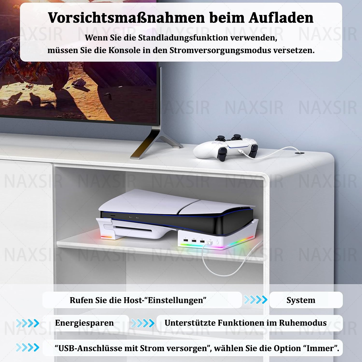 Aufbau mit Konsole, Controller und Ständer mit Text zu Ladehinweisen.