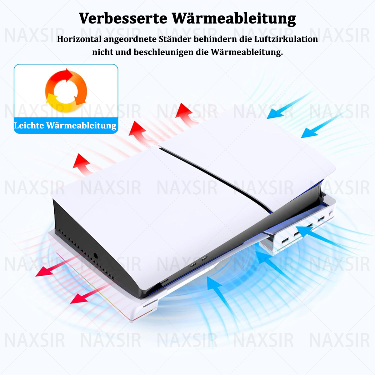 Weiße Konsole mit Kühlsystem, blaue und rote Pfeile zeigen den Luftstrom. Text zur Wärmeableitung. Weißer Hintergrund.