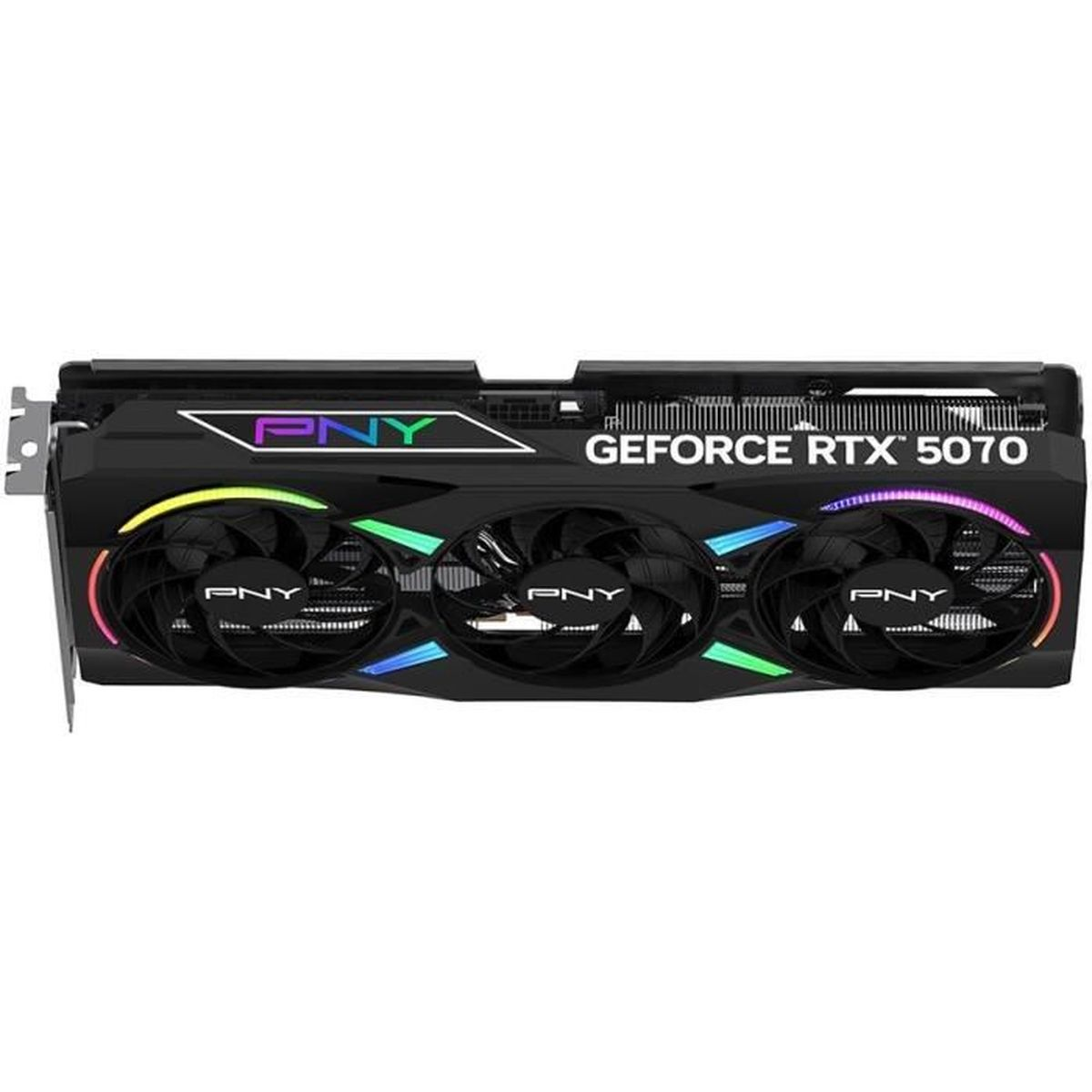 Eine Grafikkarte mit der Bezeichnung PNY GeForce RTX 3070, mit drei Lüftern und bunten Lichtern.