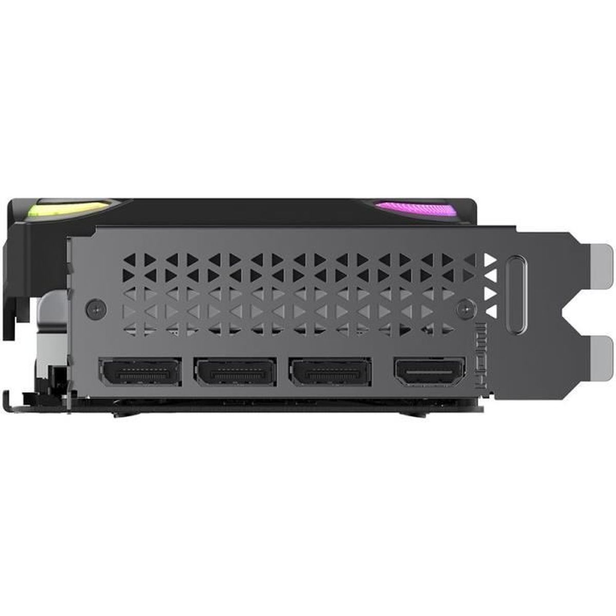 Grafikkarte mit HDMI-Anschlüssen, schwarzem Gehäuse und Lüfter oben.