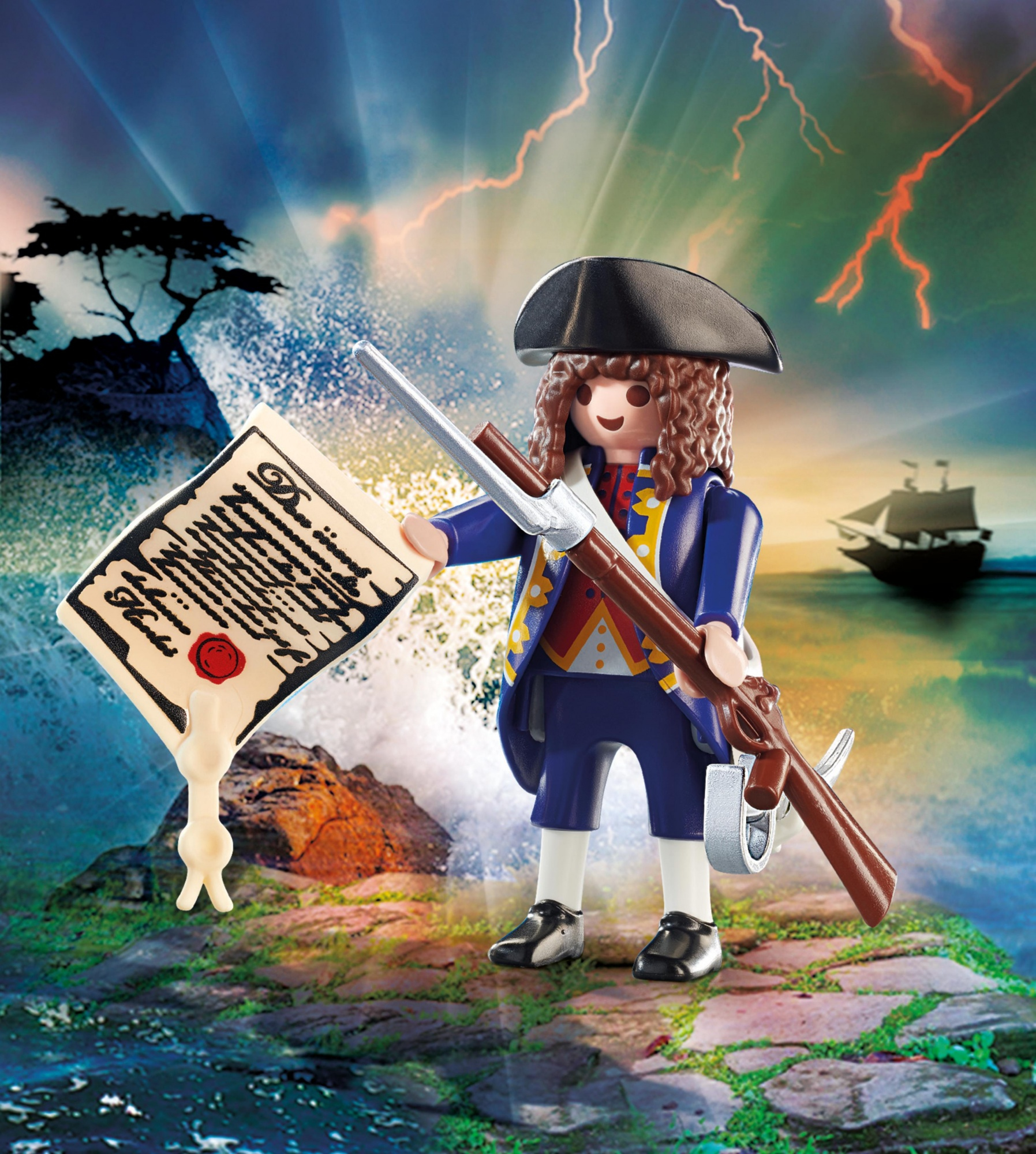 Figurka Playmobil pirata z dokumentem, bronią i statkiem w tle. Burzliwa scena.