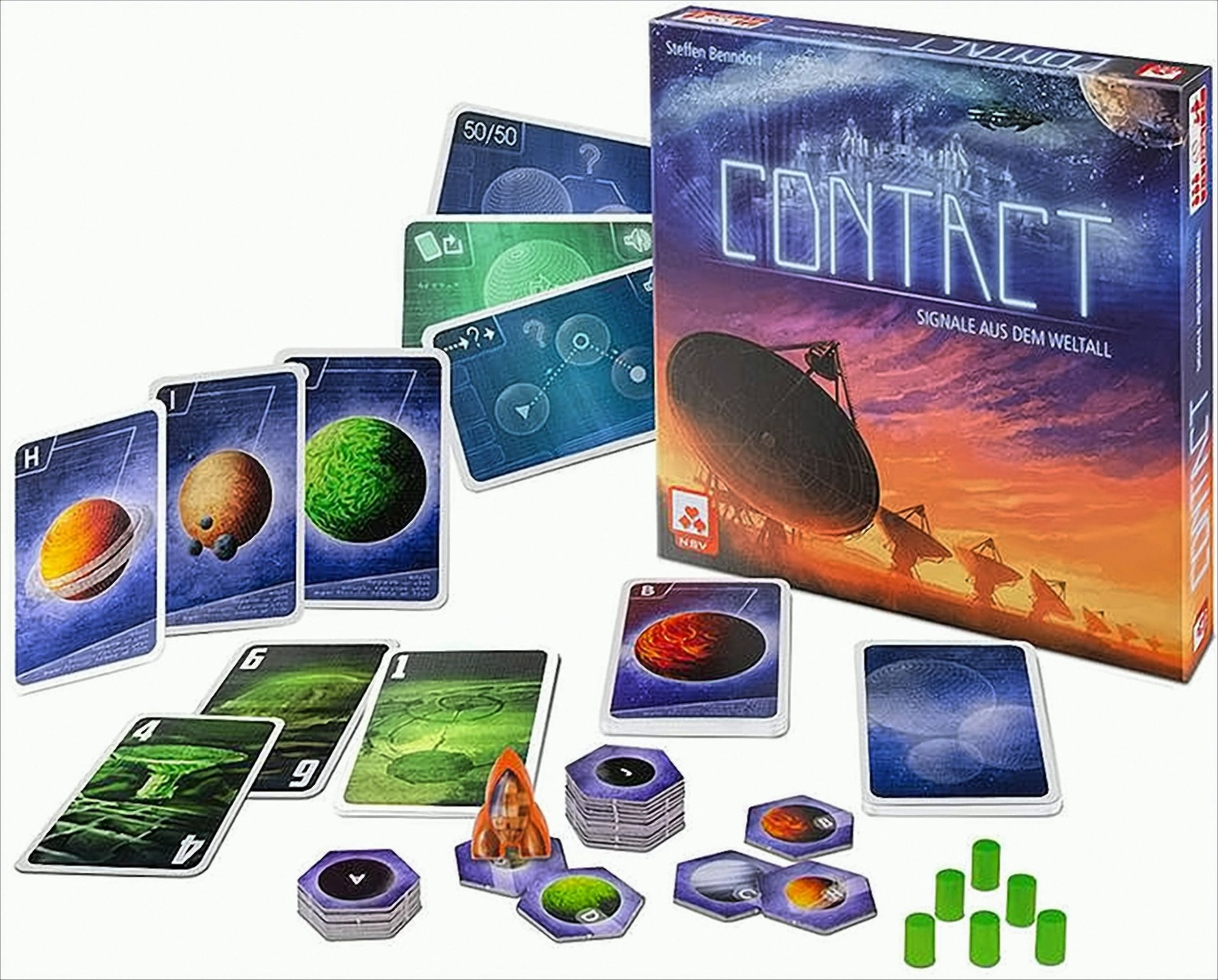 Ein Brettspiel 'Contact' mit Karten, Spielsteinen und einer Schachtel mit Weltraumbildern.