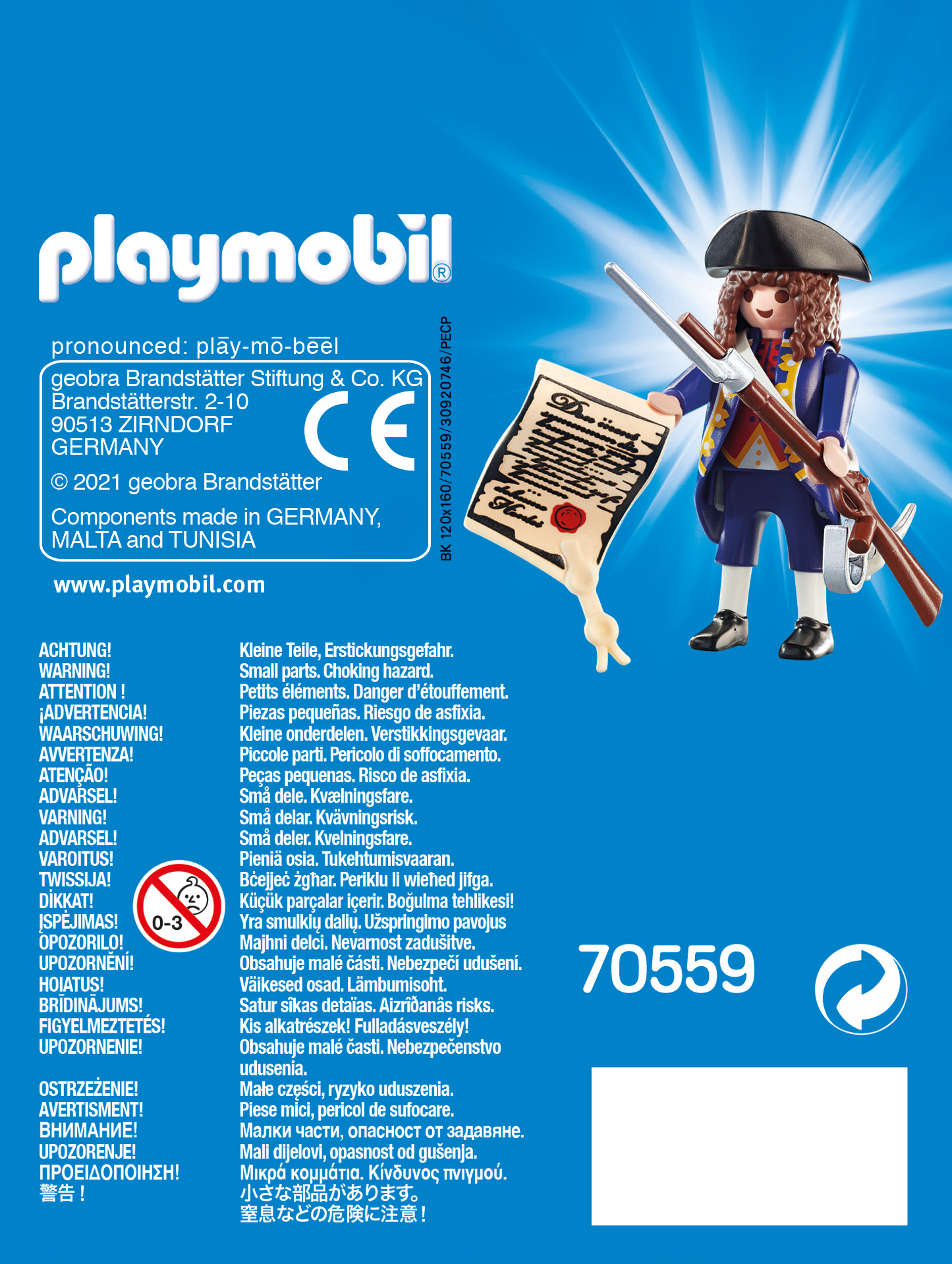 Tył pudełka Playmobil z figurką trzymającą papier i broń, z etykietami ostrzegawczymi.