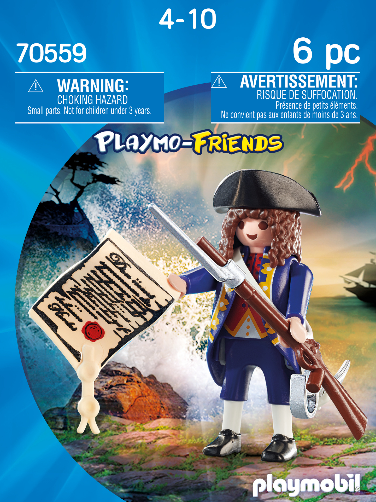 Figurka Playmobil w niebieskim płaszczu, trzymająca miecz i dokument. Tło przedstawia burzę i statek.