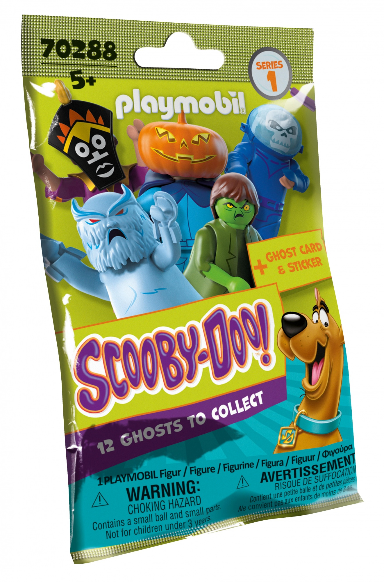 Confezione da collezione Scooby-Doo! con personaggi. La confezione mostra Scooby-Doo e fantasmi. È su una superficie bianca.
