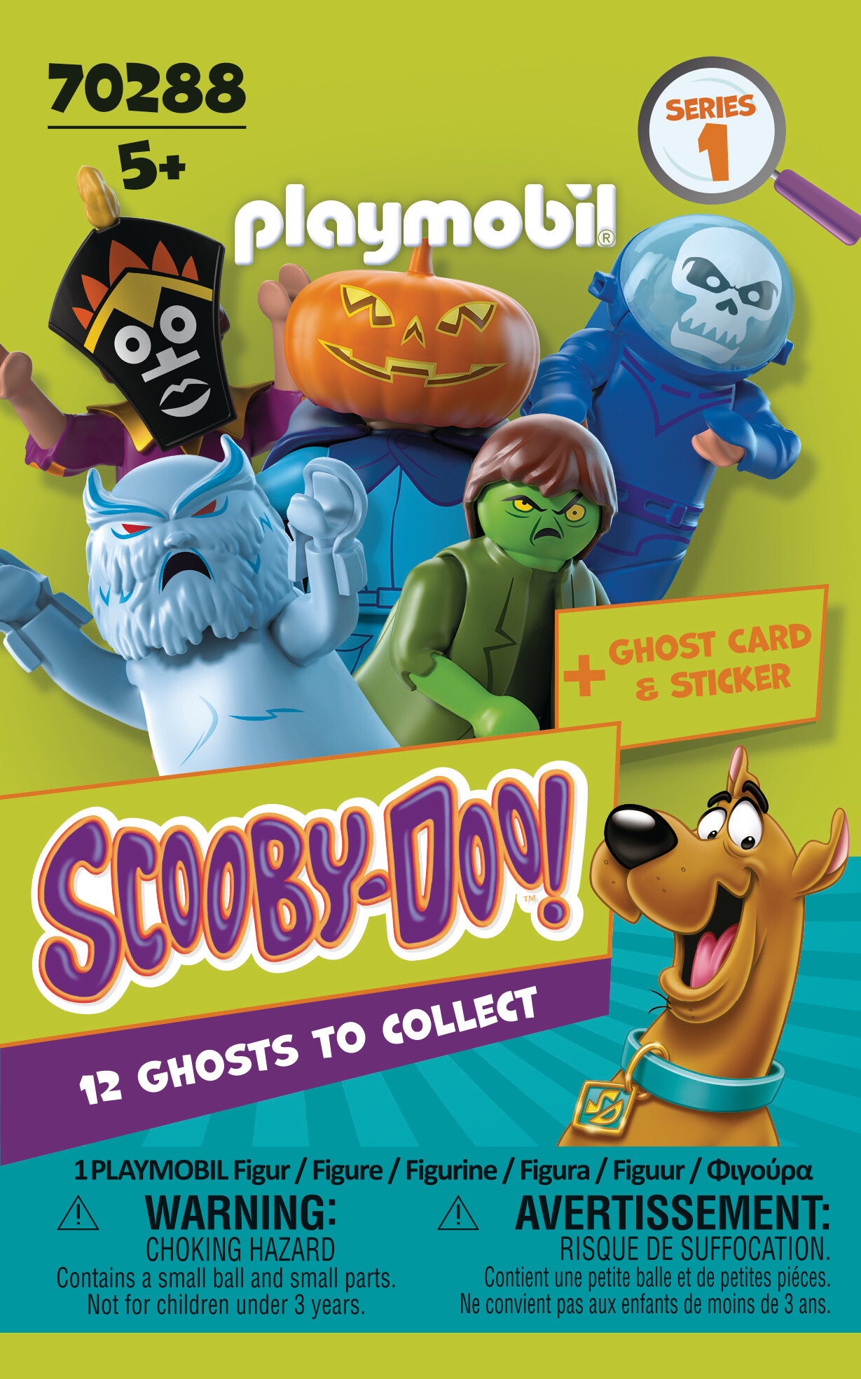 Scatola Playmobil Scooby-Doo! con personaggi e testo, su sfondo verde.
