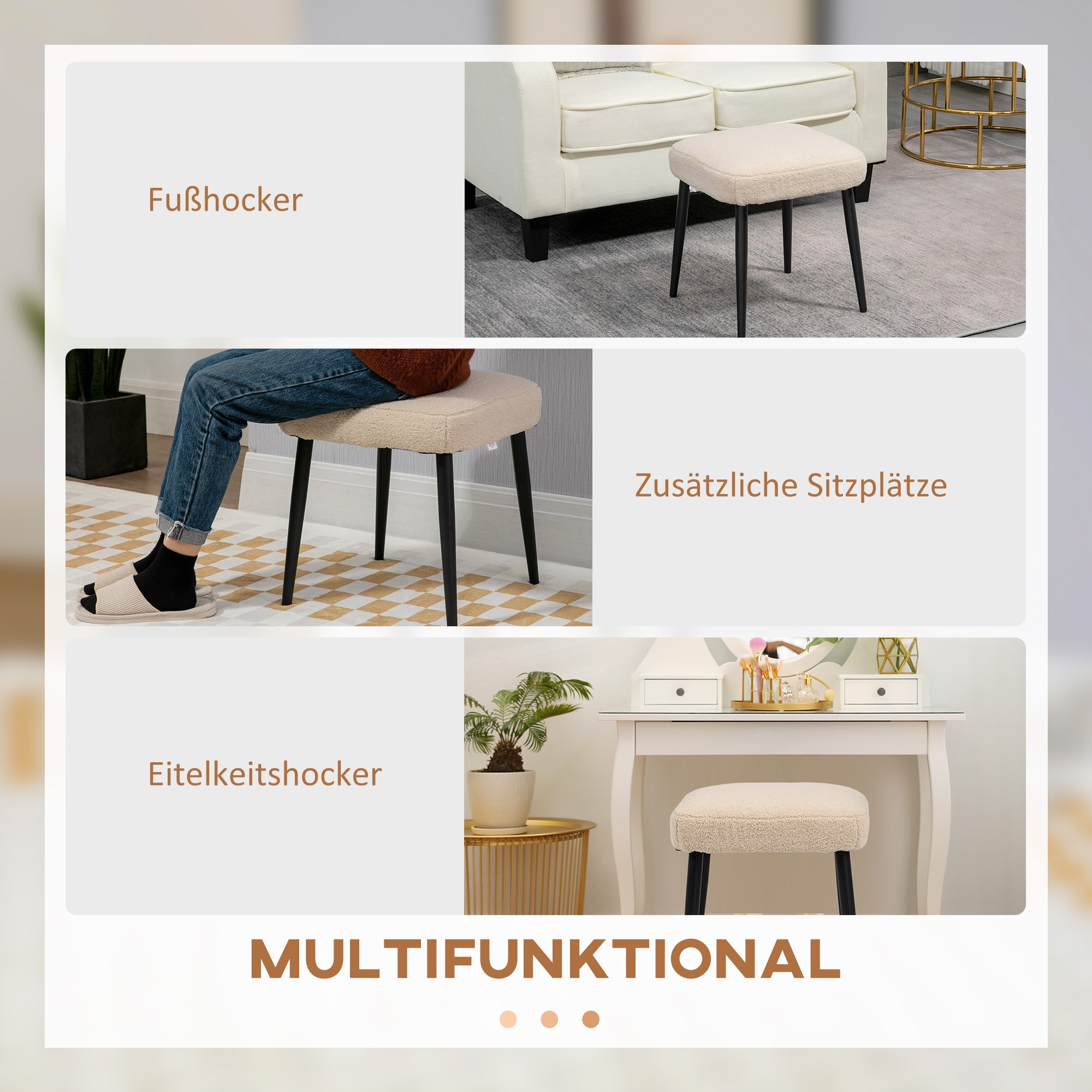 Bilder zeigen kleine Fußhocker in verschiedenen Umgebungen, darunter ein Schminktisch und ein Wohnzimmer.