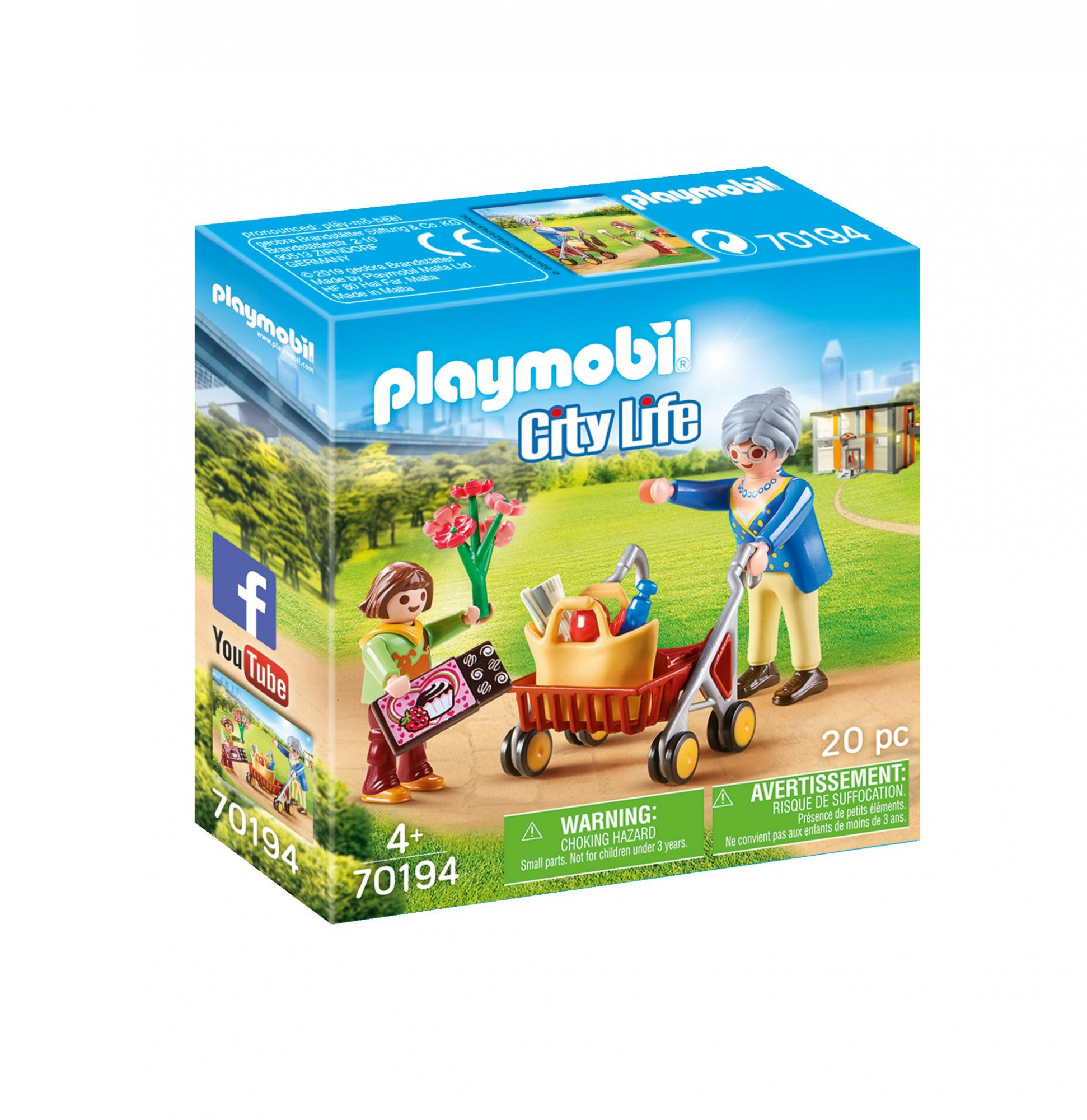 Pudełko zestawu Playmobil City Life. Dwie figurki z wózkiem są pokazane na tle domu.