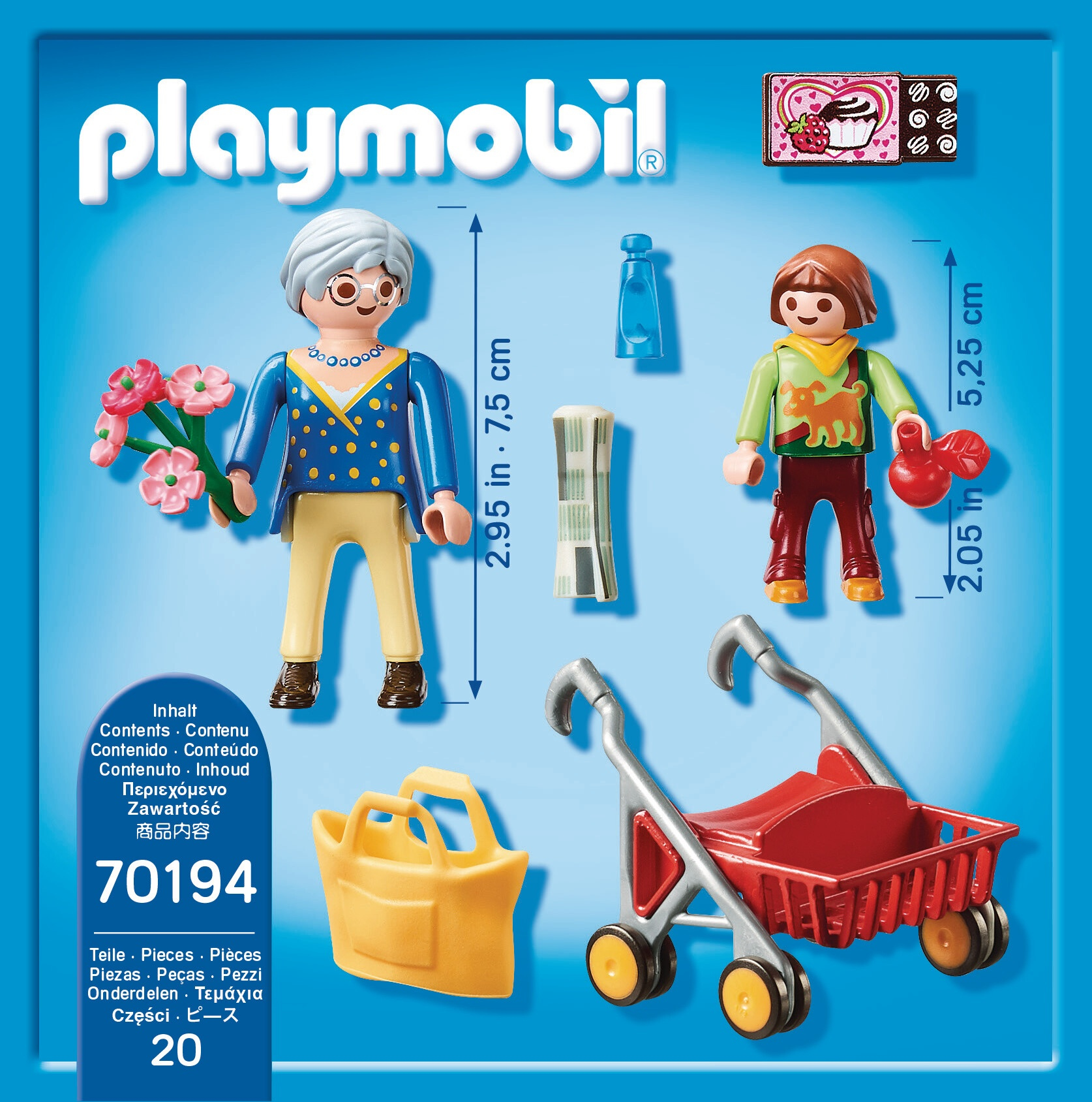 Zestaw Playmobil z figurkami, akcesoriami i wózkiem sklepowym. Zawiera babcię i dziecko.