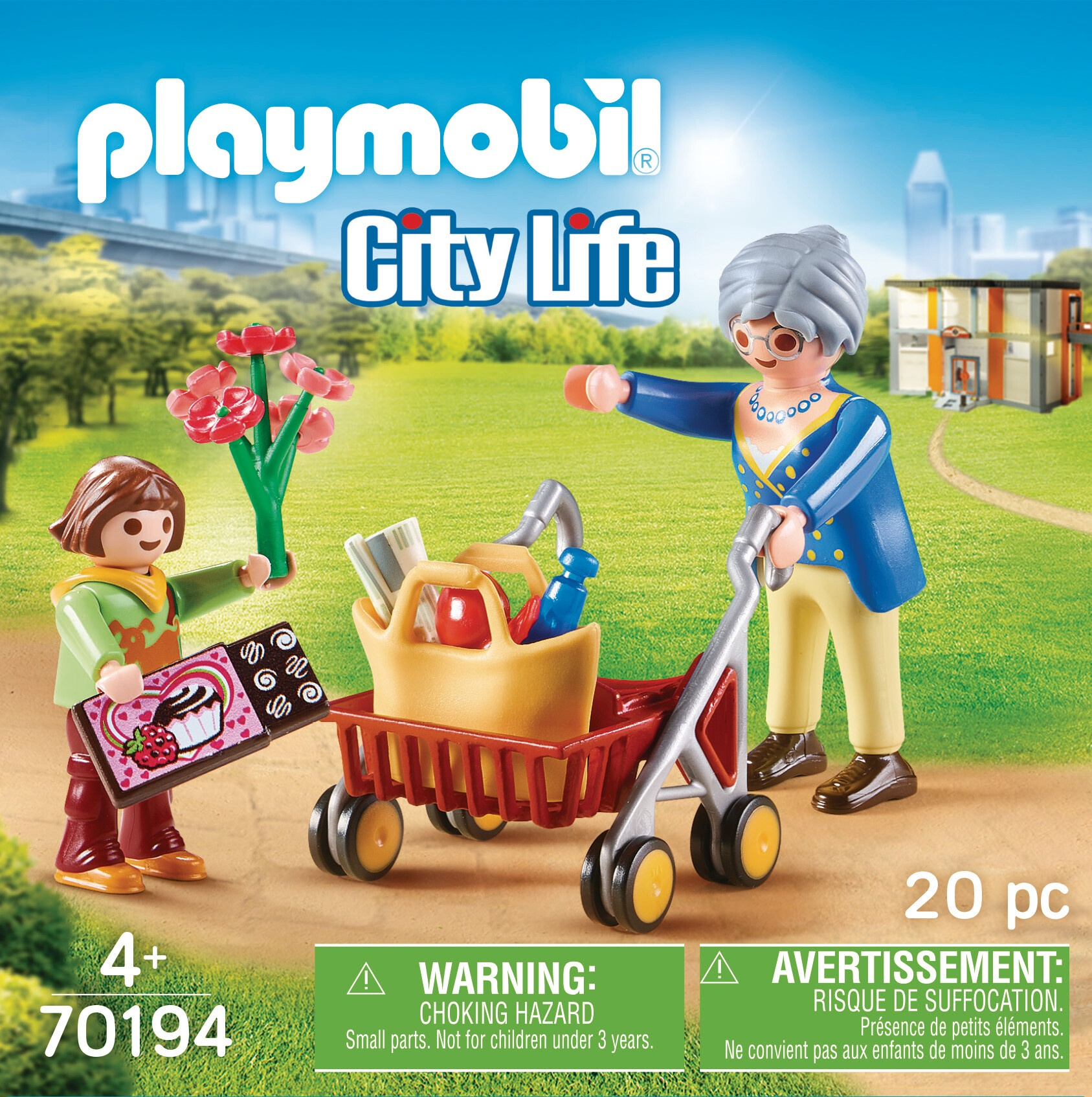 Scena Playmobil z figurkami i wózkiem na zakupy.