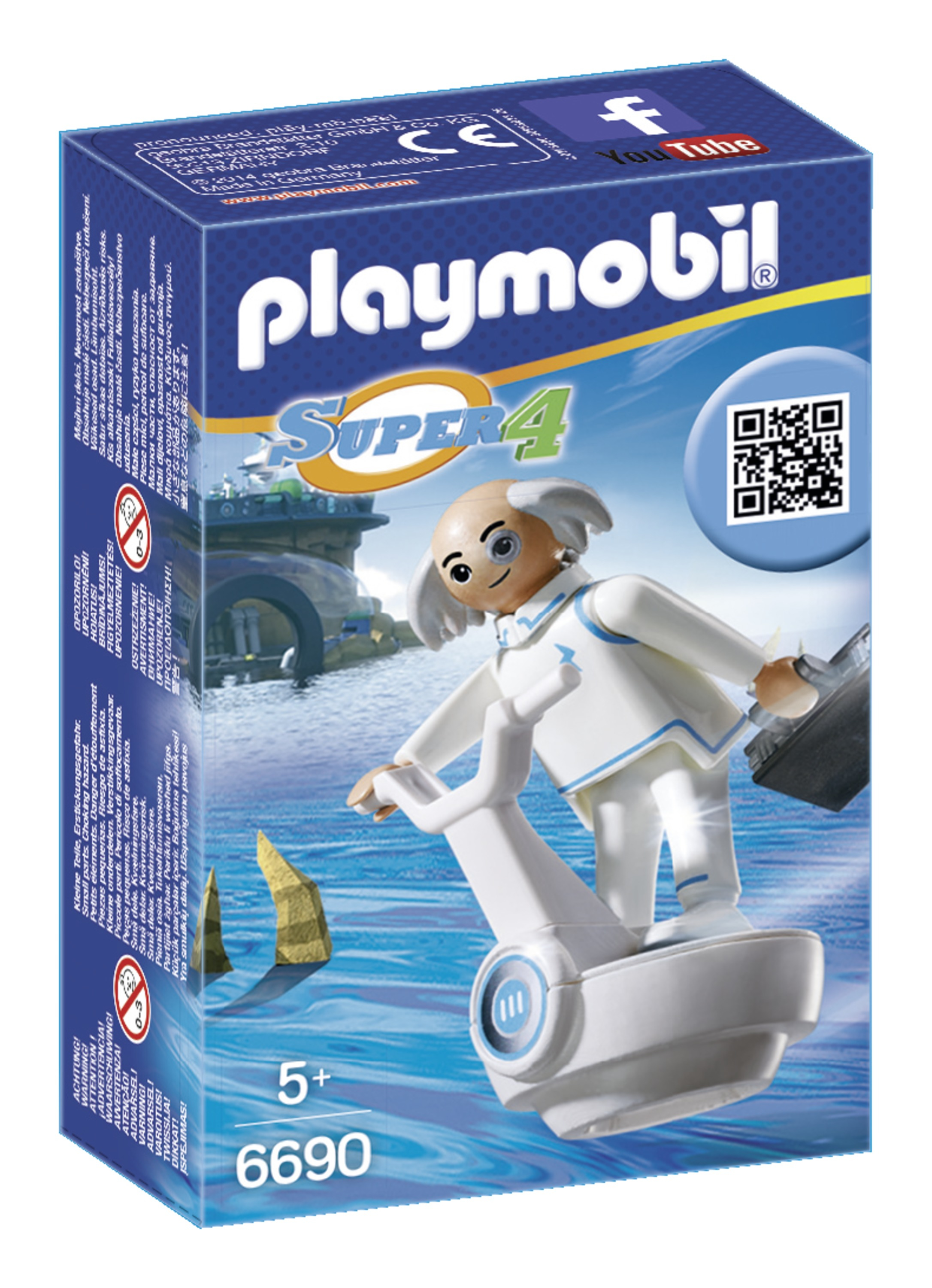 Scatola dei giocattoli Playmobil Super 4 con un personaggio in un ambiente futuristico. La scatola è blu.