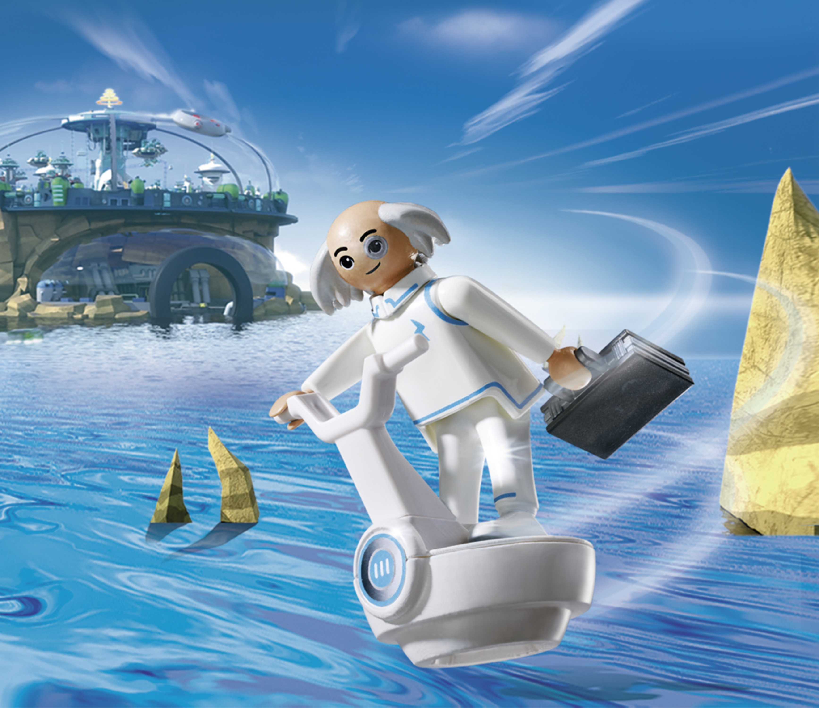 Personaggio Playmobil su un hovercraft. Un uomo in abito bianco, con una valigetta, su sfondo di acqua blu.
