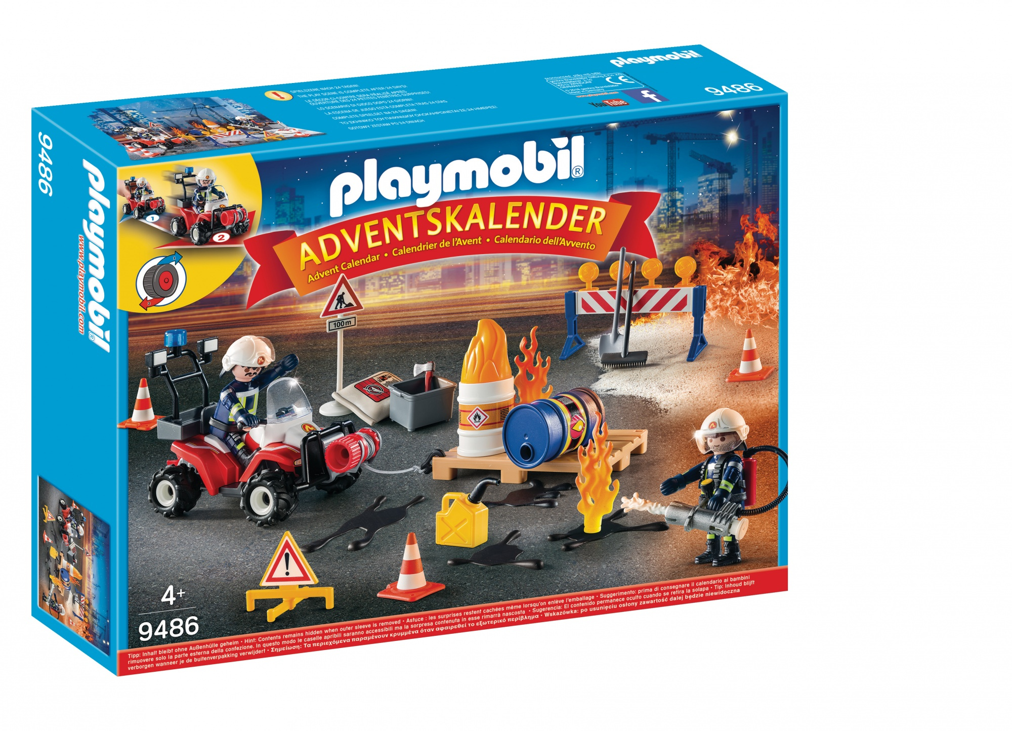 Pudełko kalendarza adwentowego Playmobil z strażakami, pojazdem i przedmiotami związanymi z ogniem.