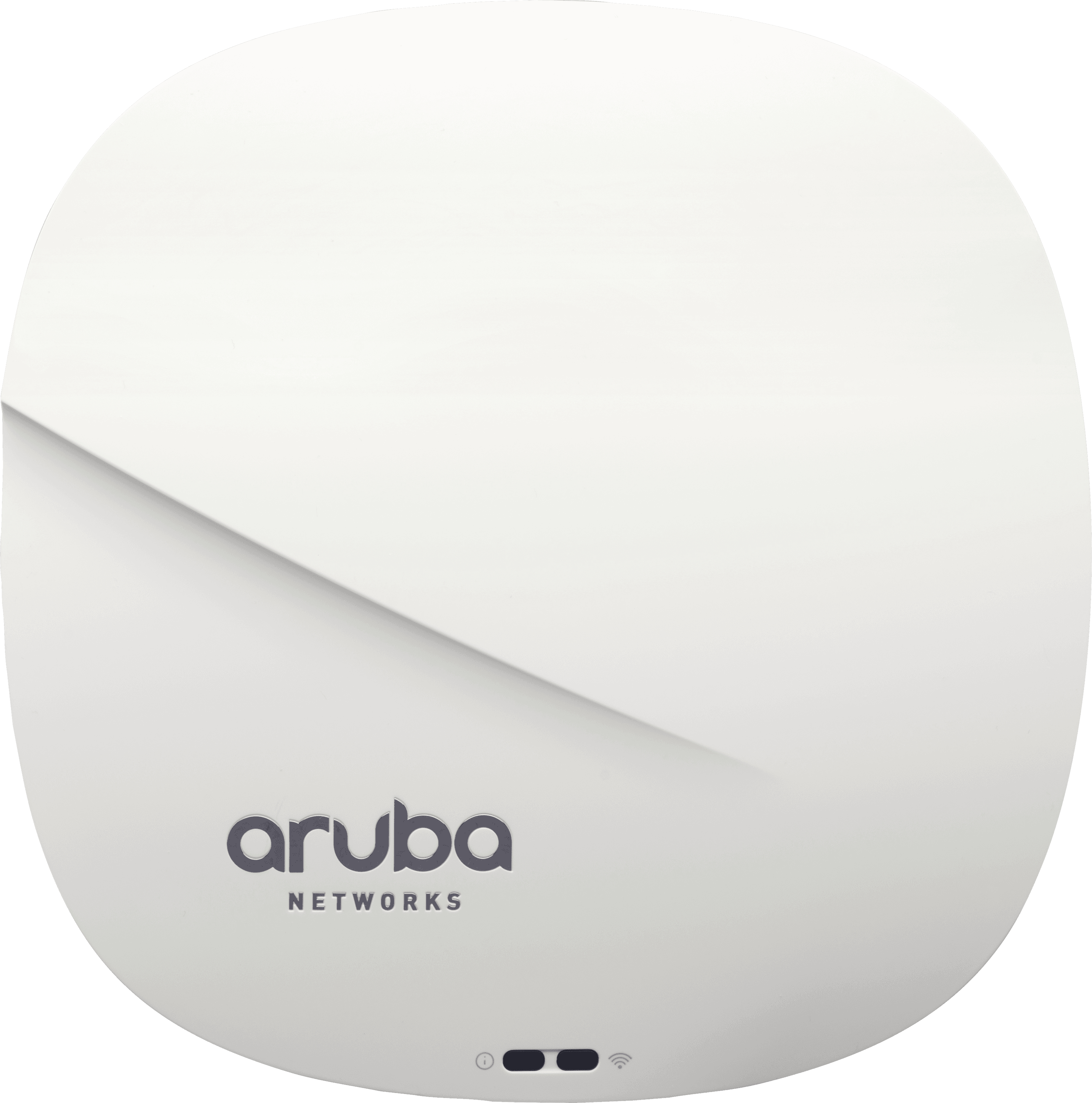 Ein weißer Aruba Networks Access Point mit Firmenlogo, mit Strom- und WLAN-Anzeige.