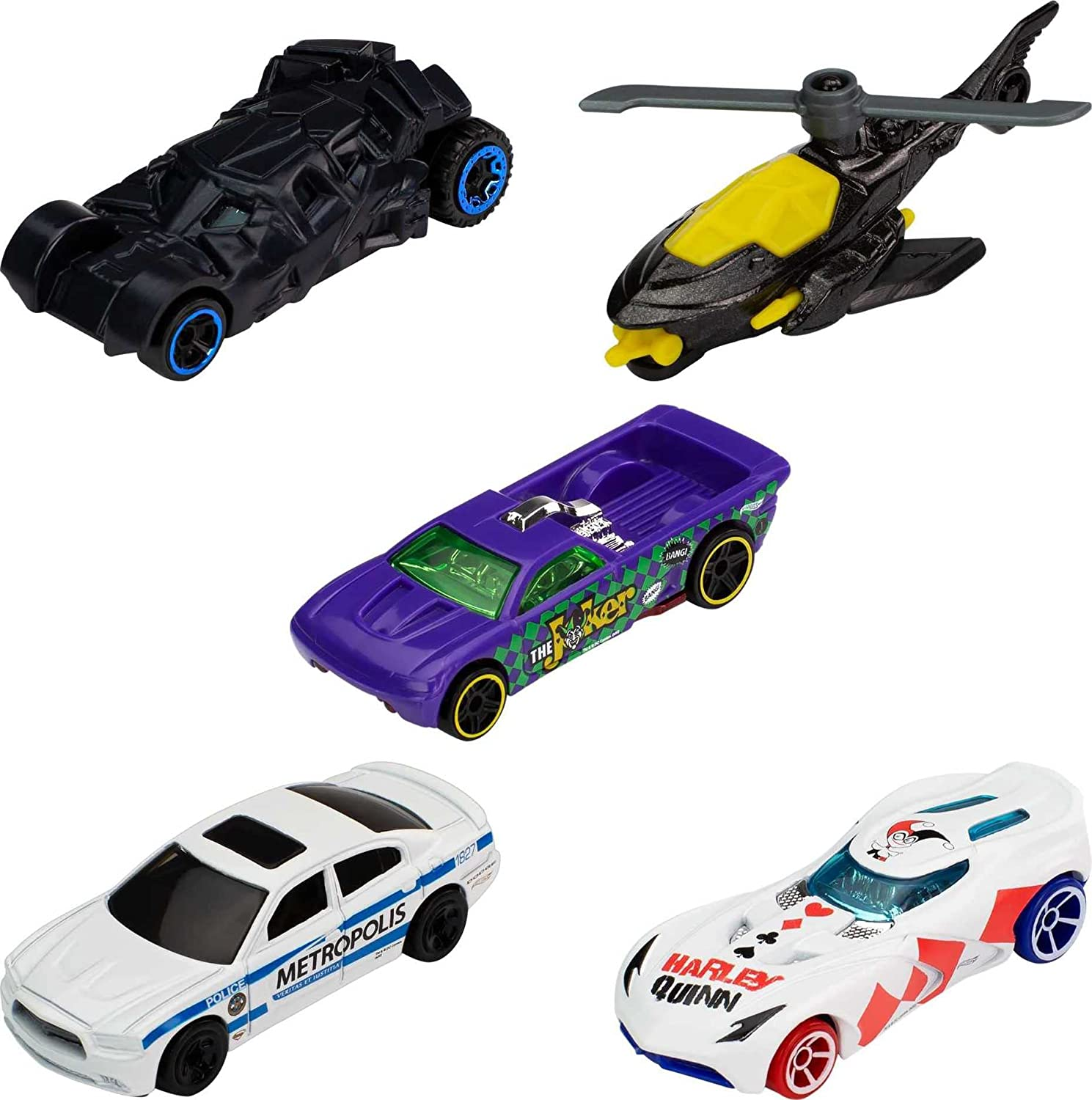 Fünf Hot Wheels Spielzeugautos: ein schwarzes Batmobil, ein Hubschrauber mit gelber Oberseite und drei farbige Autos.