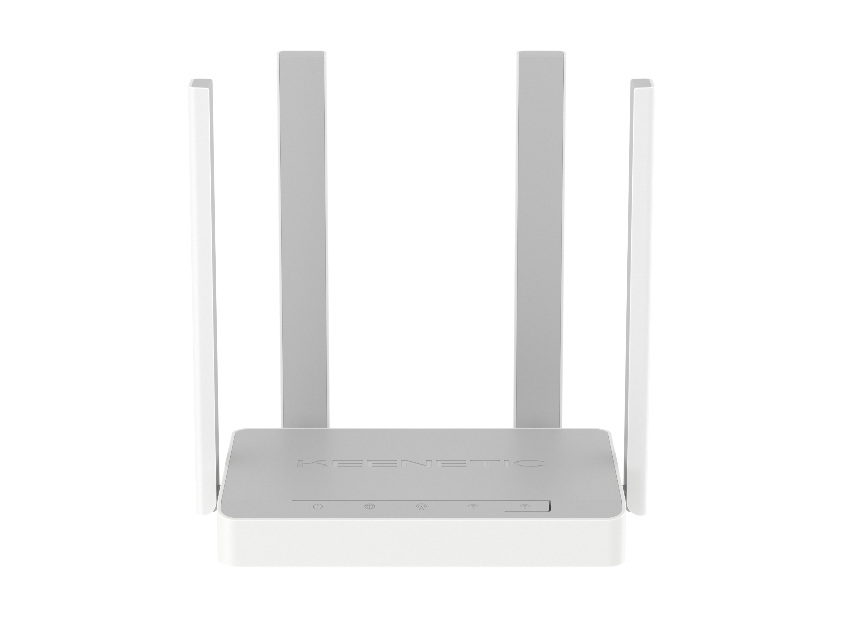 Biało-szary router Keenetic z czterema antenami. Z przodu kilka lampek kontrolnych.