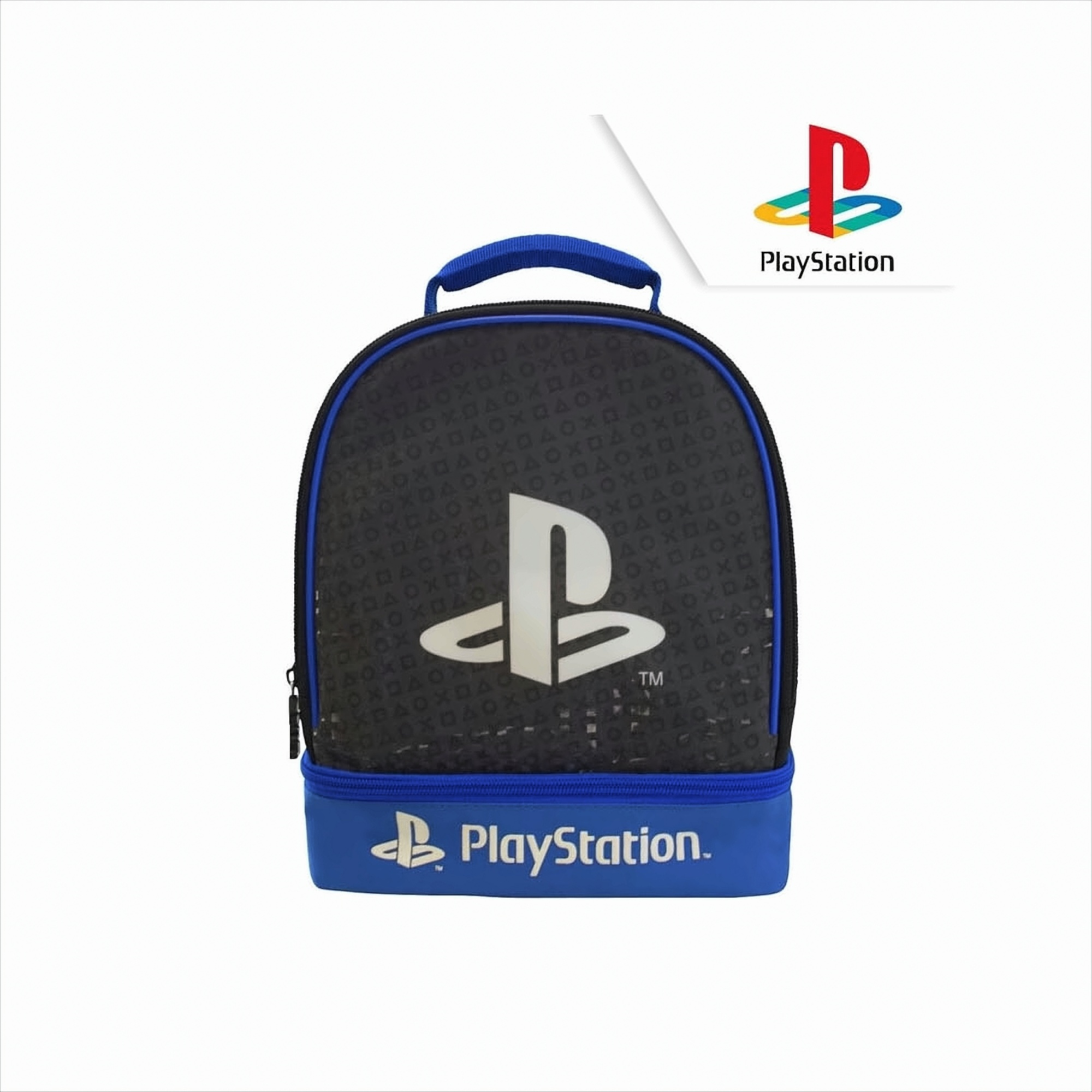 Bolsa de almuerzo PlayStation, negra y azul, con el logotipo de PlayStation.