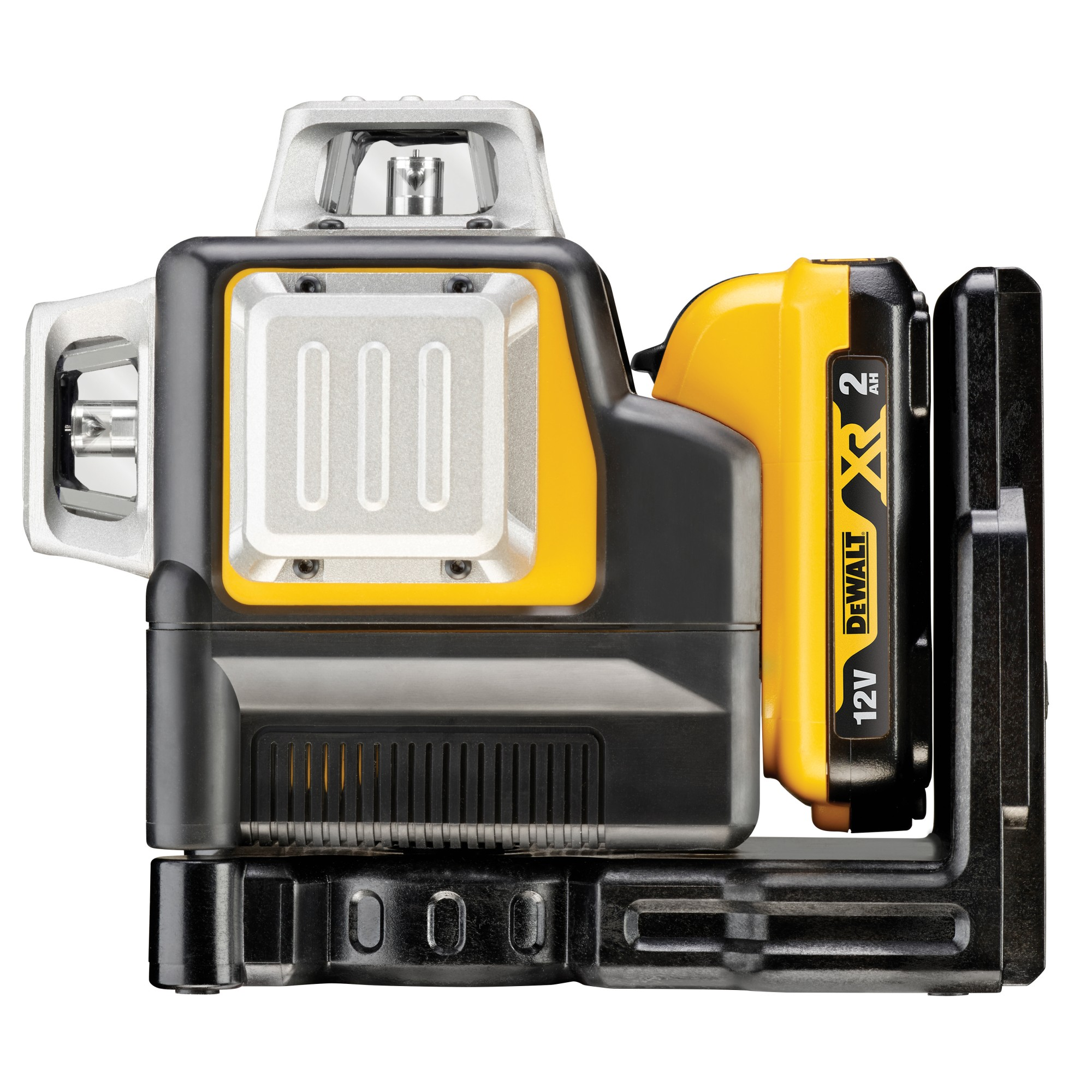 Ein schwarz-gelbes DeWalt 12V Laser Level mit einem gelben Akku.