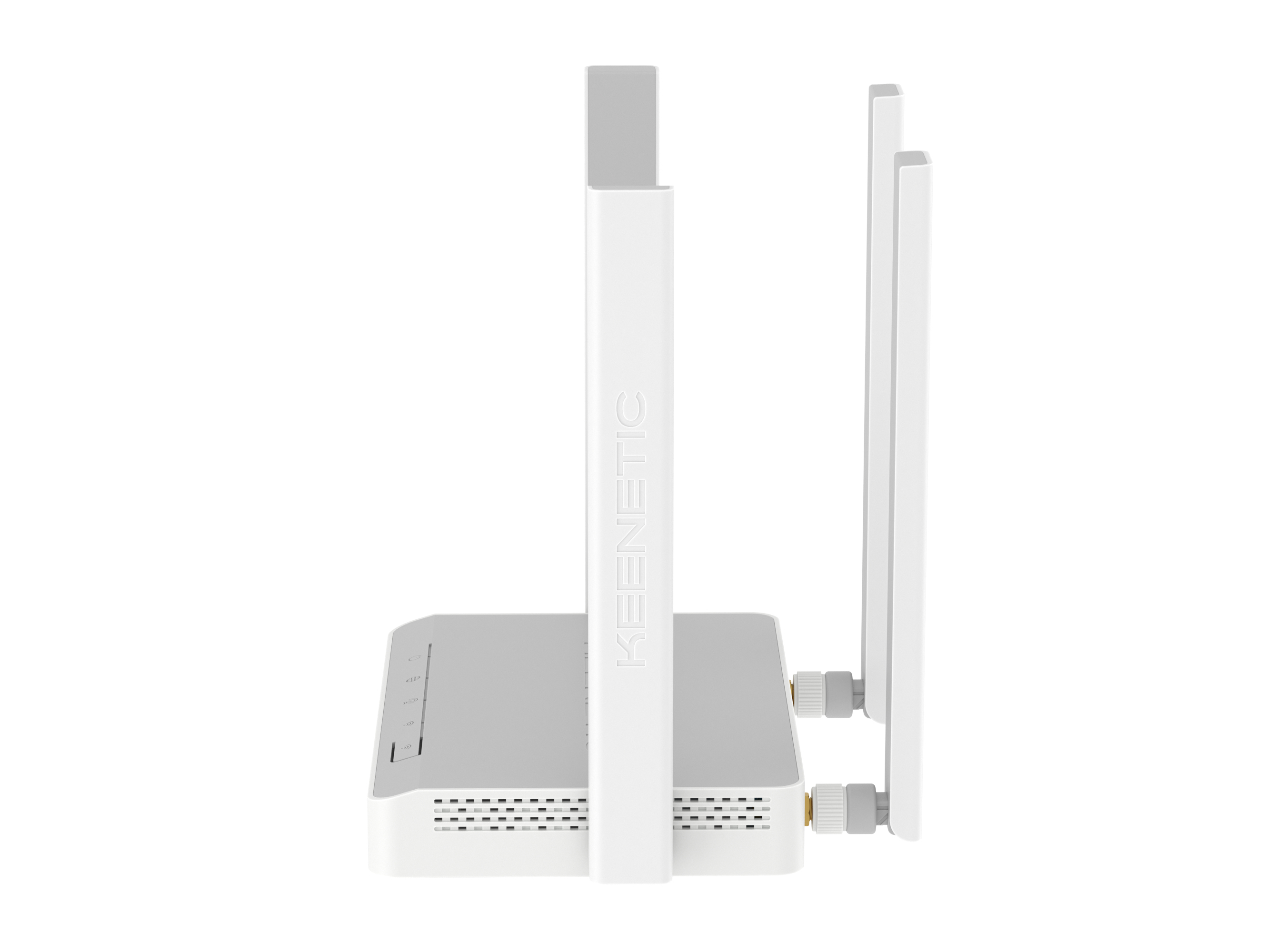 Biały router Keenetic z dwiema antenami. Router jest na białym tle.