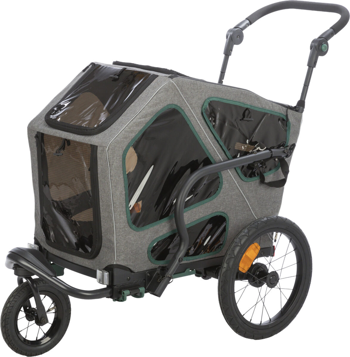 Grauer Haustierkinderwagen mit schwarzen Rädern. Er hat ein Netzfenster und einen Griff.