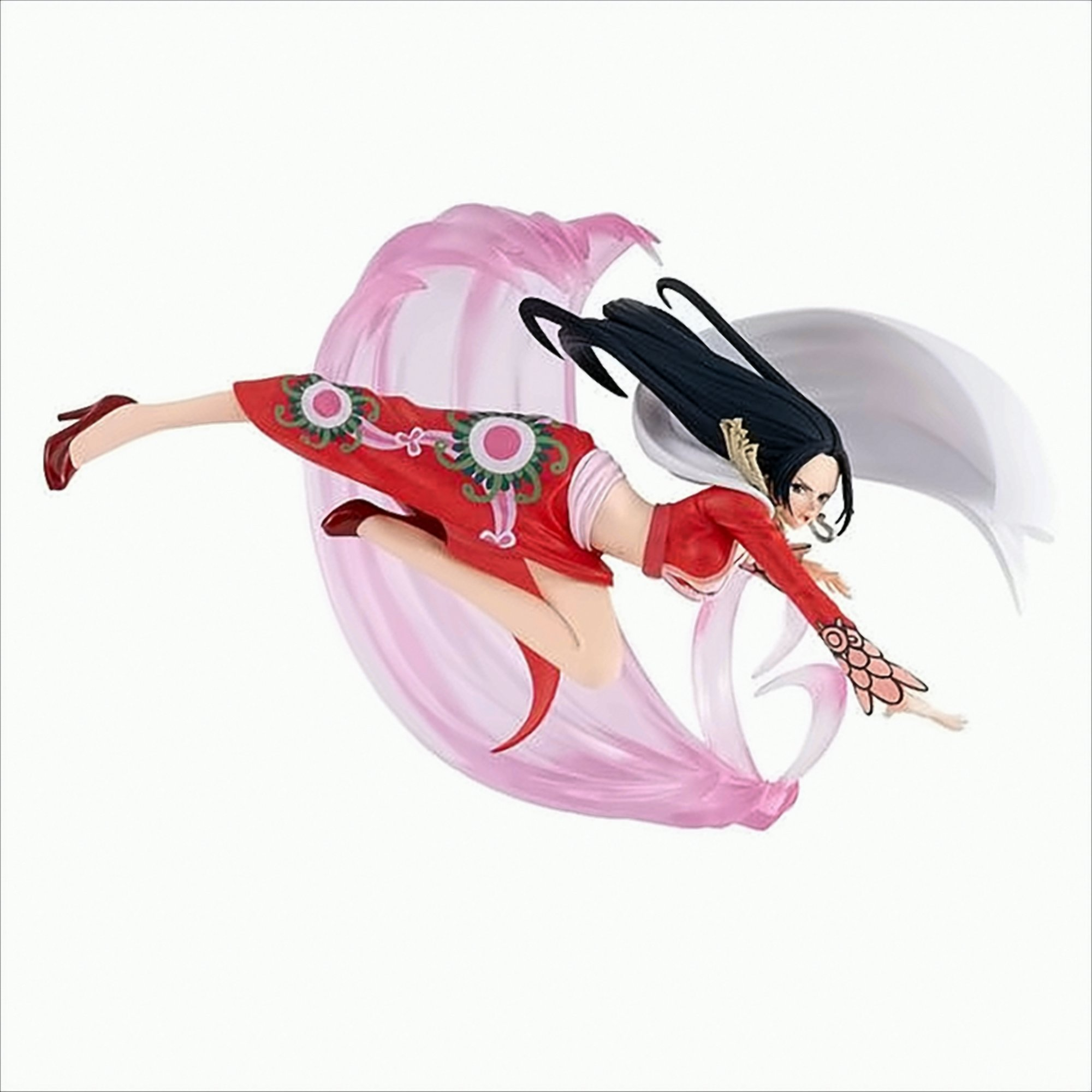 Anime-Figur einer Frau in rotem Kleid, in der Luft mit Windeffekt.