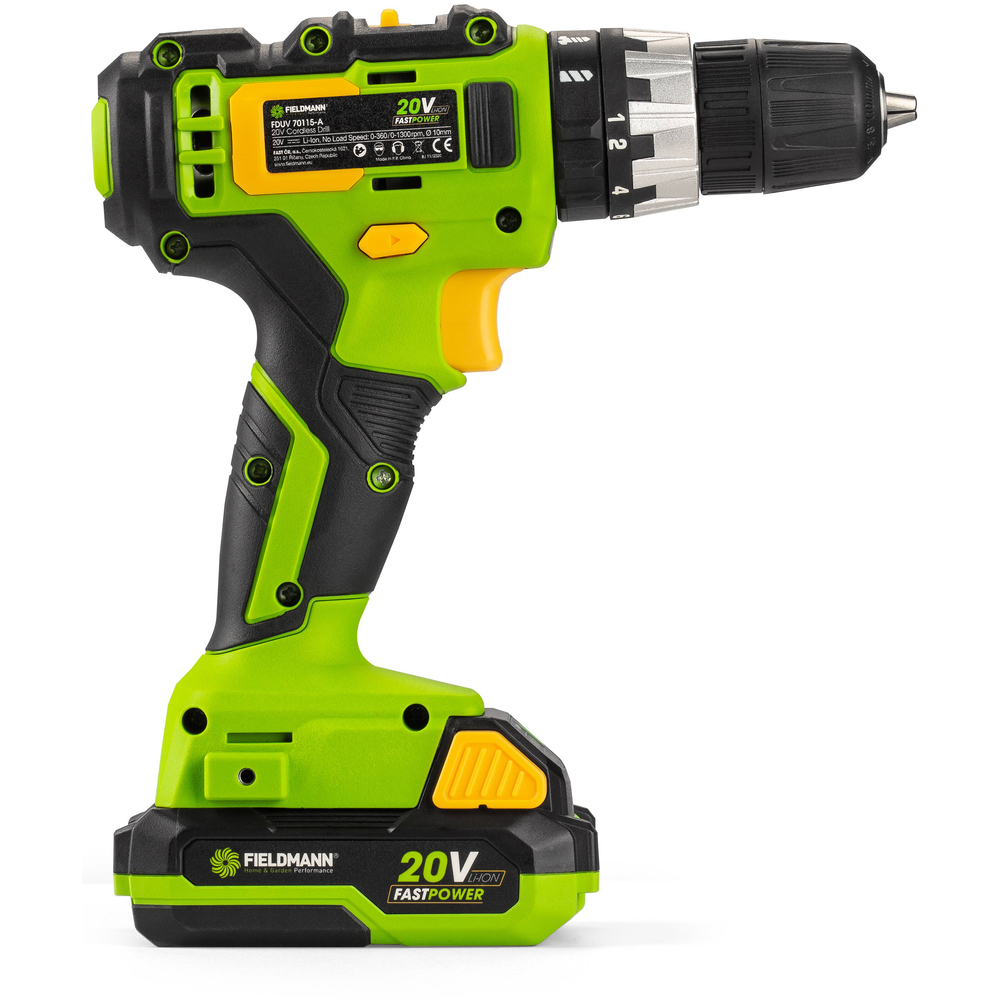 Zielono-czarna wiertarko-wkrętarka akumulatorowa z żółtymi akcentami. Bateria.