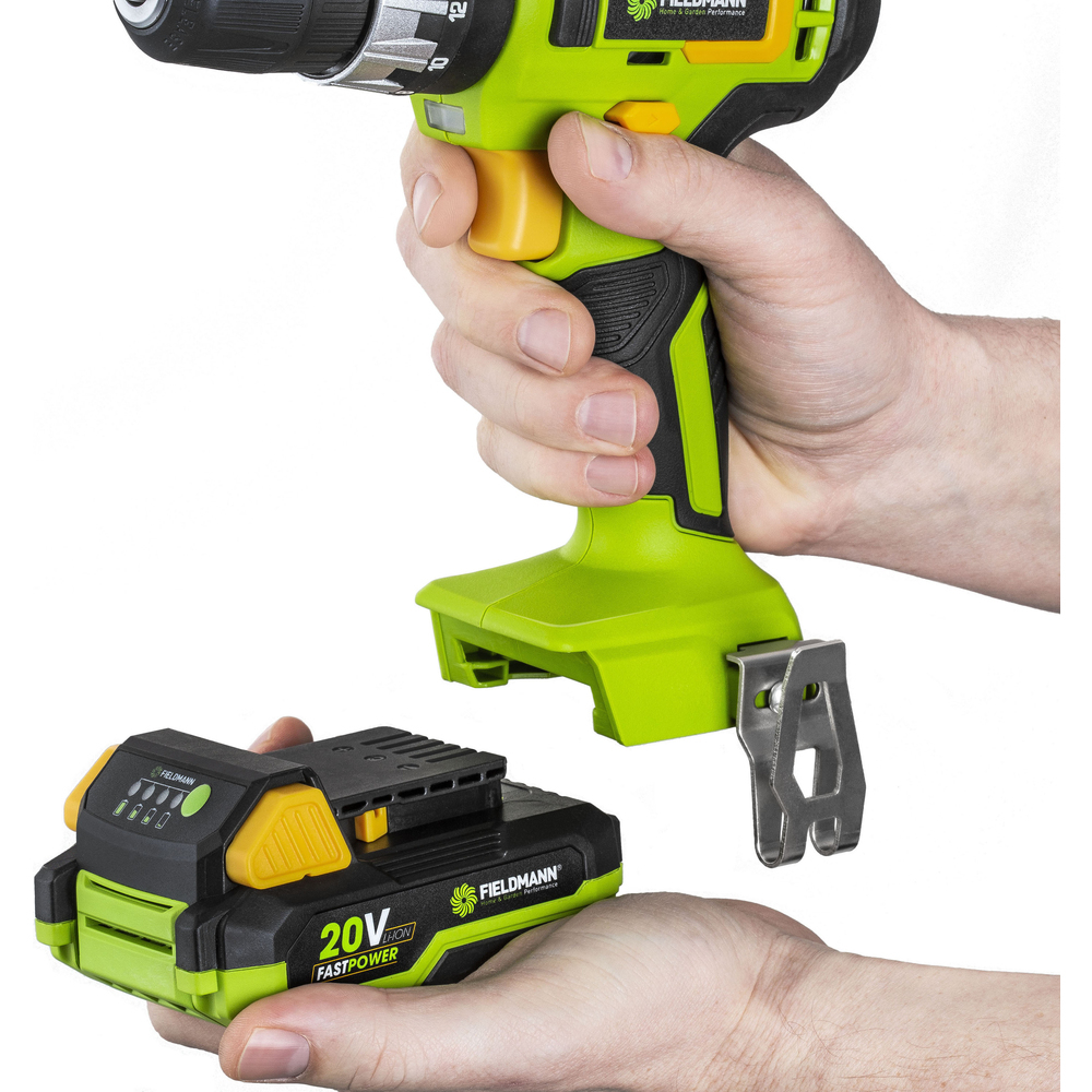 Wiertarka akumulatorowa z oddzielnym akumulatorem trzymanym w dłoni.