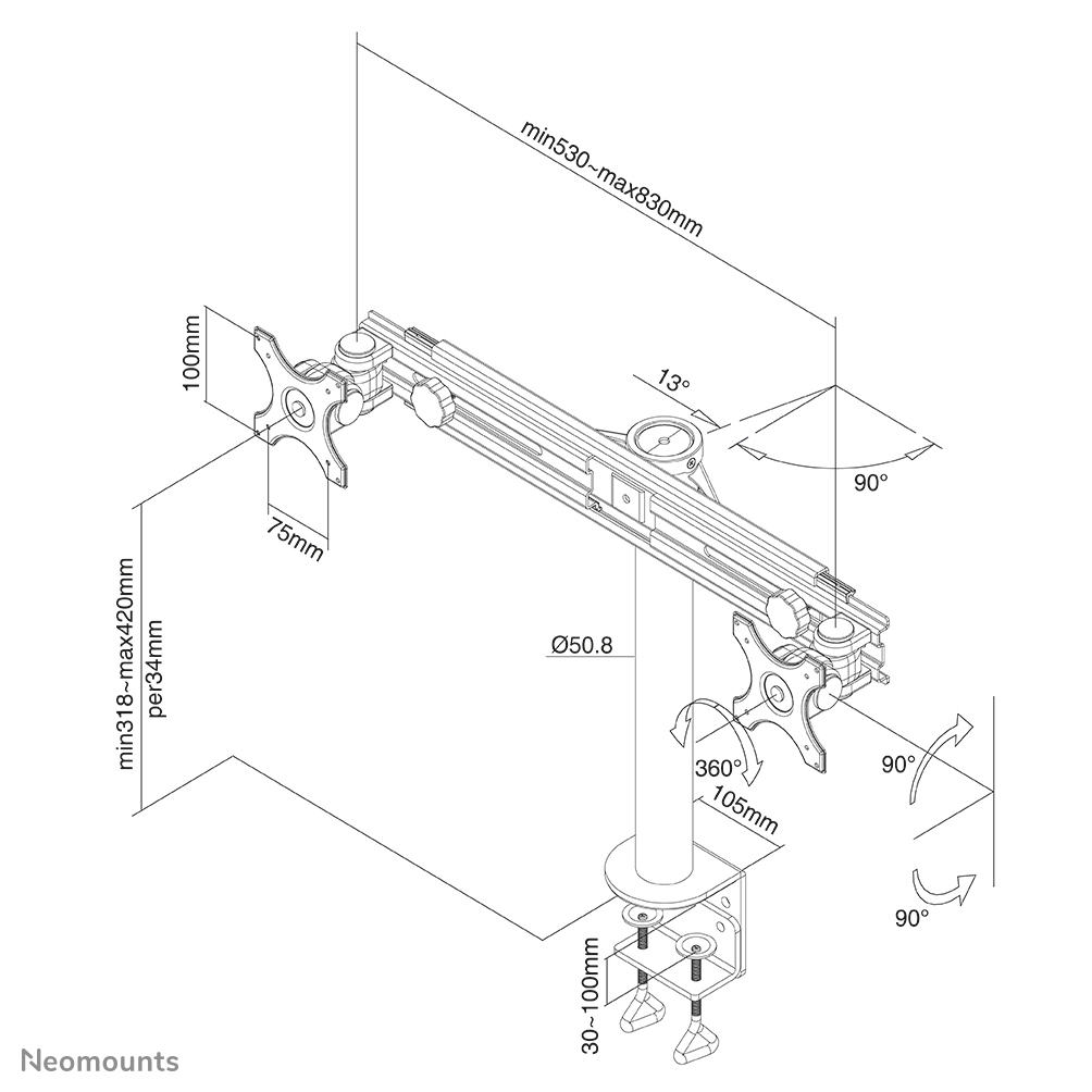 Diagram van een dubbele monitorarm, met afmetingen, hoeken en verstelbereiken.