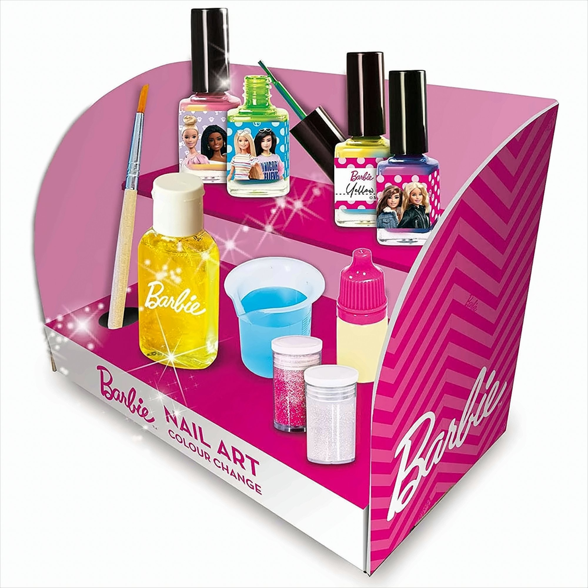 Barbie Nail-Art-Set. Nagellackflaschen, Pinsel und Glitzer. Rosa Hintergrund.