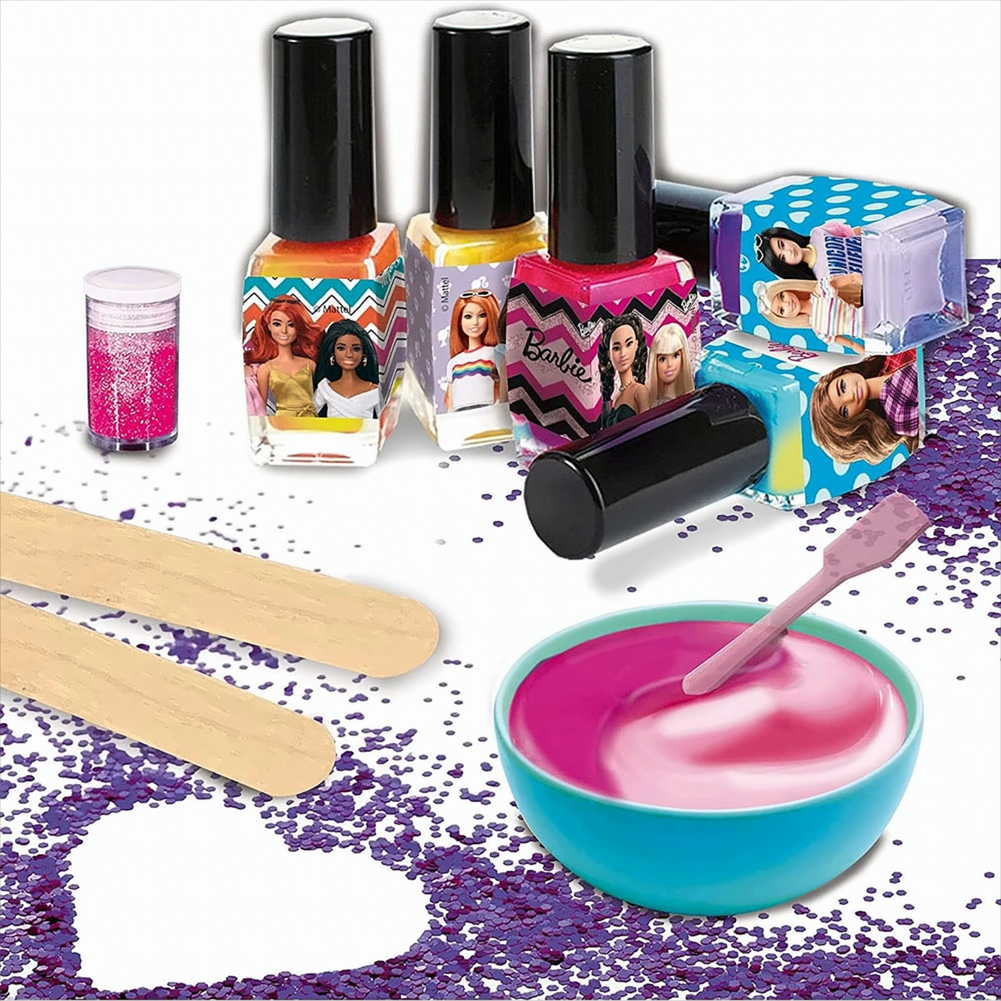 Barbie Nagellack-Set mit Flaschen, Glitzer, Rührschüssel und Holzstäbchen.
