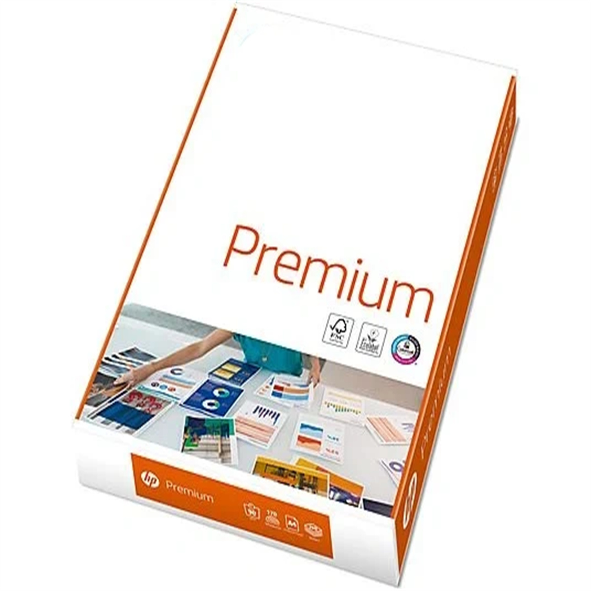 Karton HP Premium Papier mit einer Person, die Papiere auf einem Tisch anordnet.
