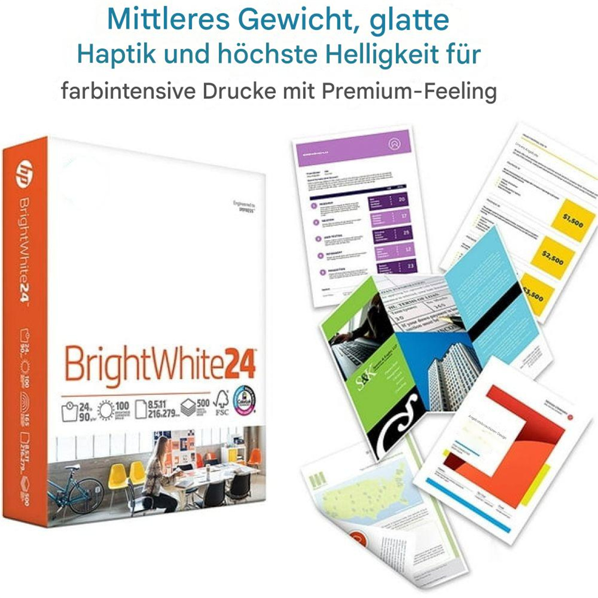 Stapel BrightWhite24-Papier mit gedruckten Dokumenten und Text zur Papierqualität.