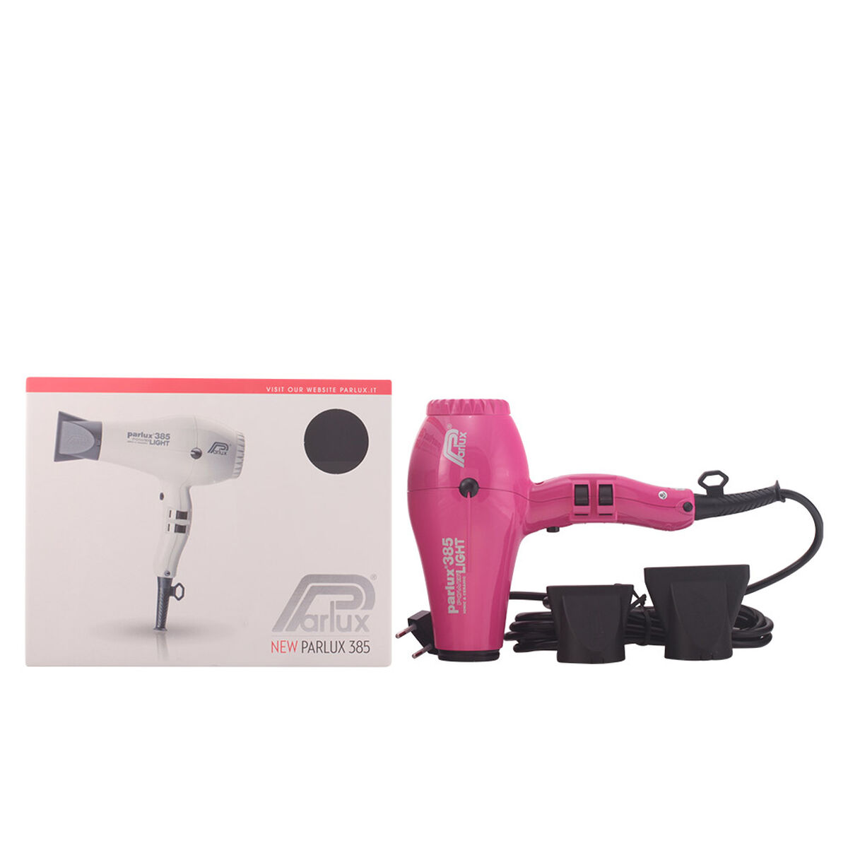 Un asciugacapelli rosa con una scatola bianca e accessori neri su sfondo bianco.