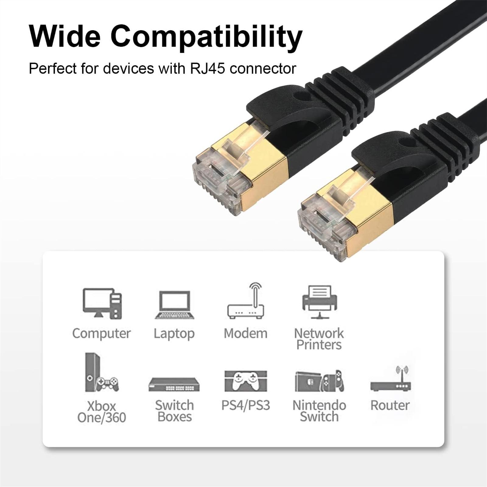 Zwei schwarze Netzwerkkabel mit RJ45-Anschlüssen. Symbole von Geräten wie Computern und Routern werden angezeigt.