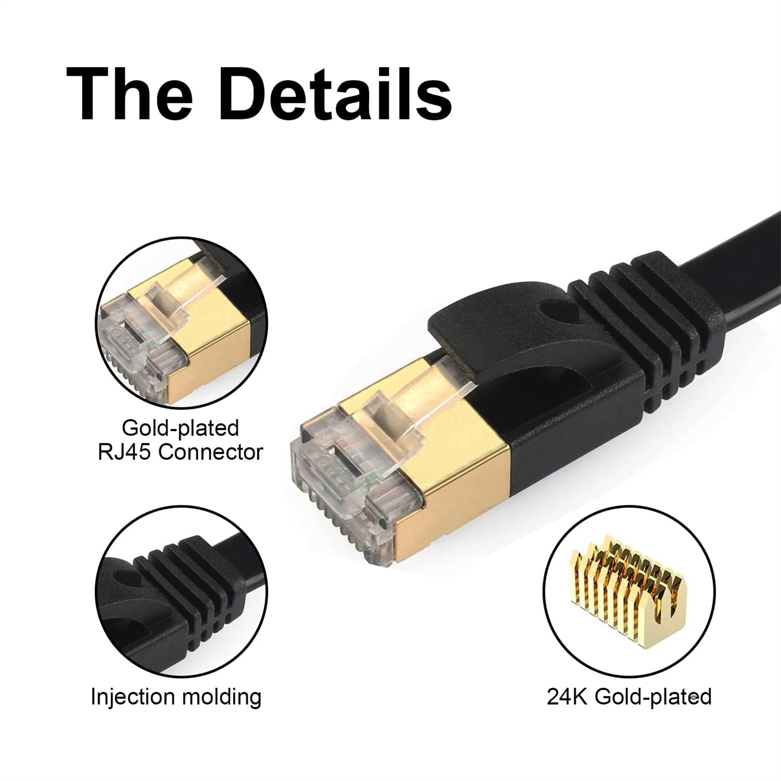 Nahaufnahme eines RJ45-Steckers mit Goldbeschichtung. Detailaufnahmen zeigen Spritzguss und 24K-Goldbeschichtung.