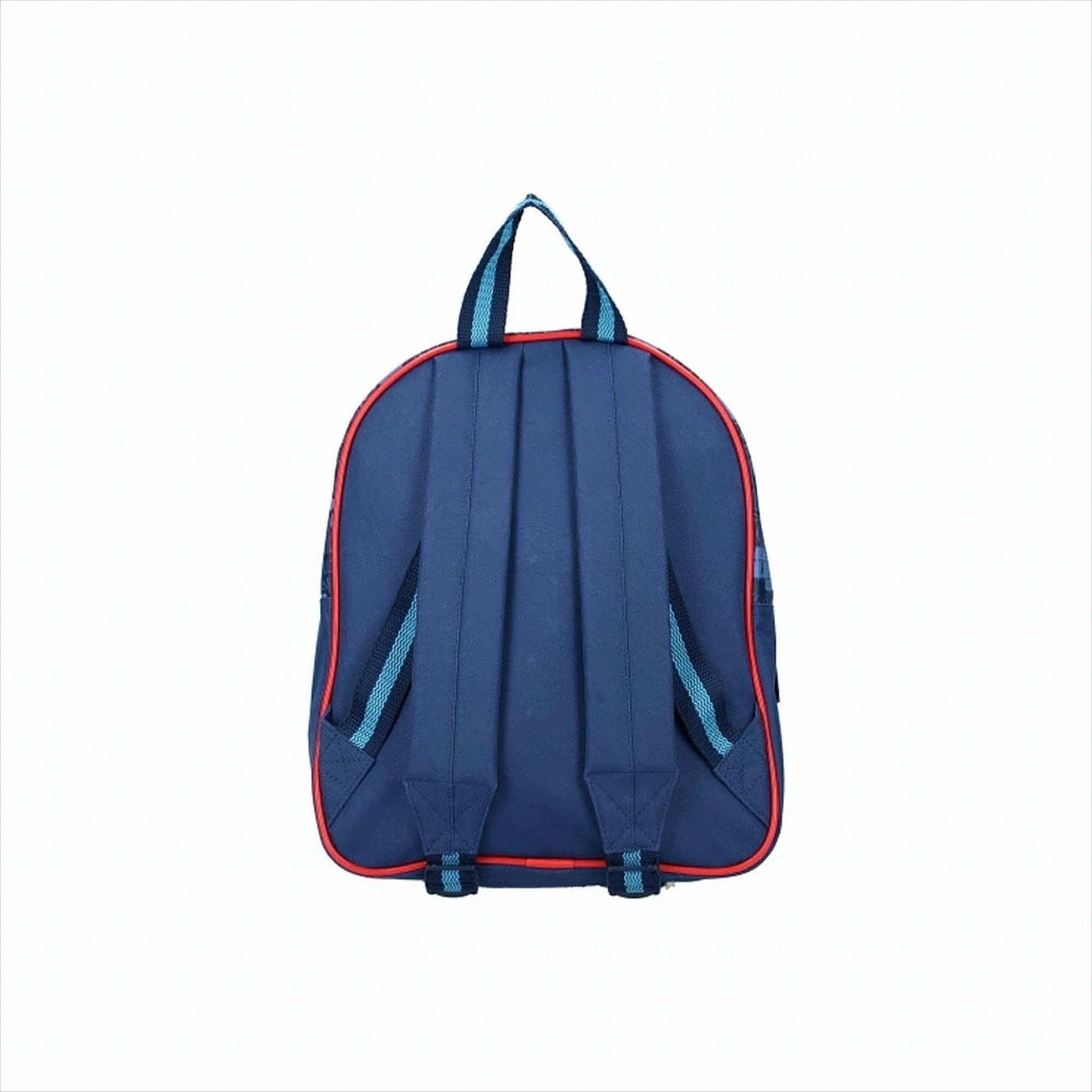 Blauer Rucksack mit roter Einfassung, Trägern und Design, auf weißem Hintergrund.