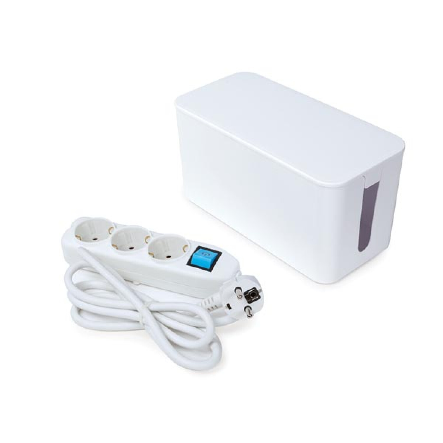 Biała listwa zasilająca i pudełko na kable z niebieskim przyciskiem zasilania.