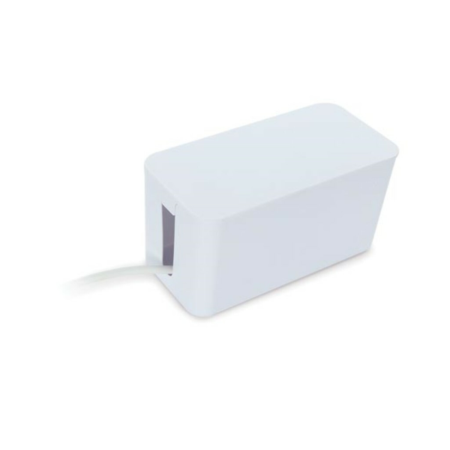 Białe prostokątne pudełko na kable, z wychodzącym kablem.