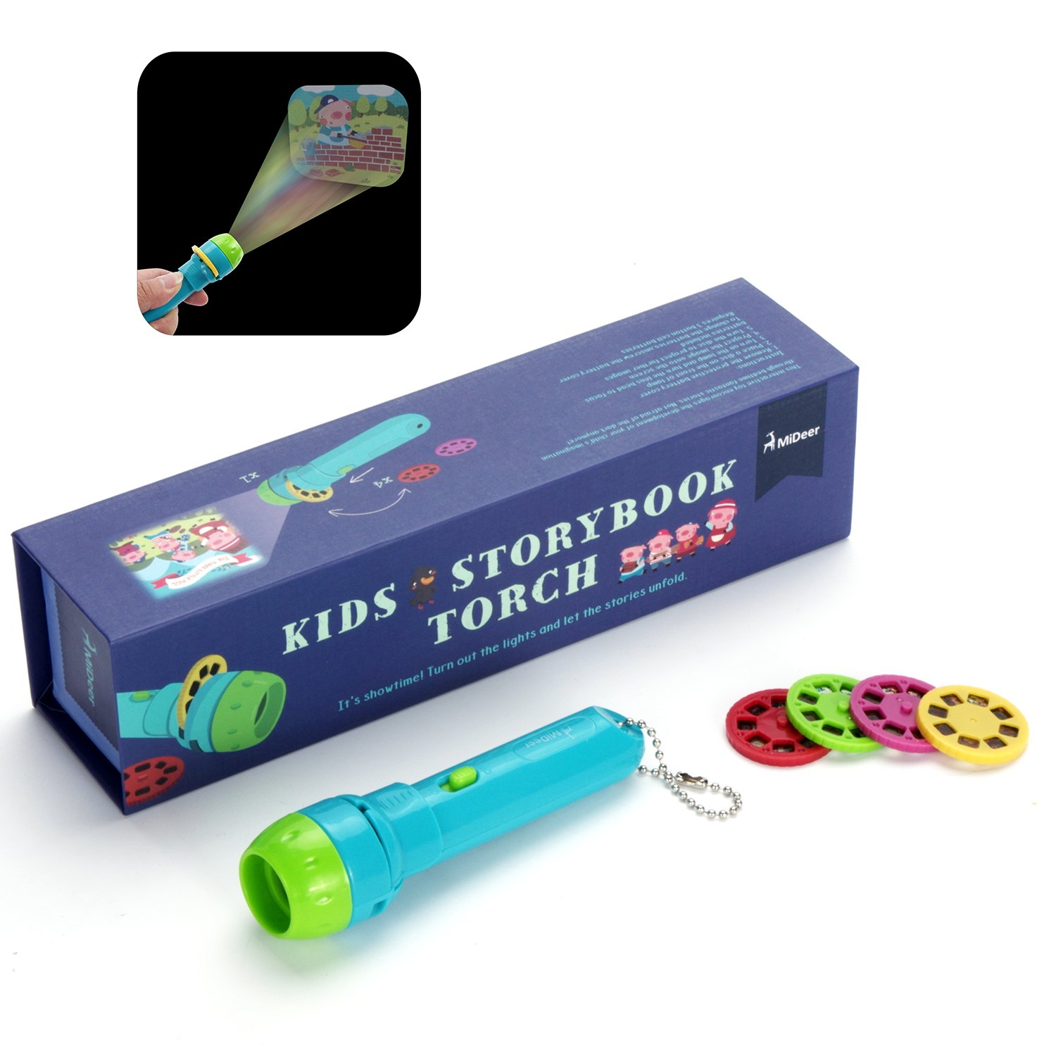 Storybook-Taschenlampen-Kit mit türkisfarbener Taschenlampe, Geschichtenrollen und einer Box. Die Taschenlampe ist an.
