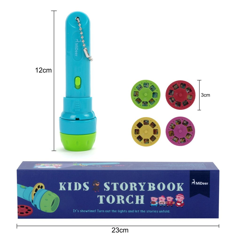 Blau-grüne Storybook-Taschenlampe mit Folien und einer Box. Sie ist 23 cm lang.