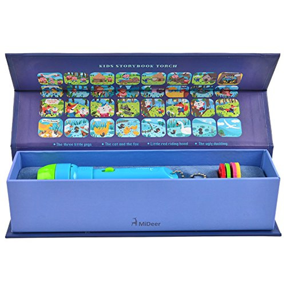 Blaues Bilderbuch-Taschenlampenset mit Illustrationen, Taschenlampe und Zubehör in Box.