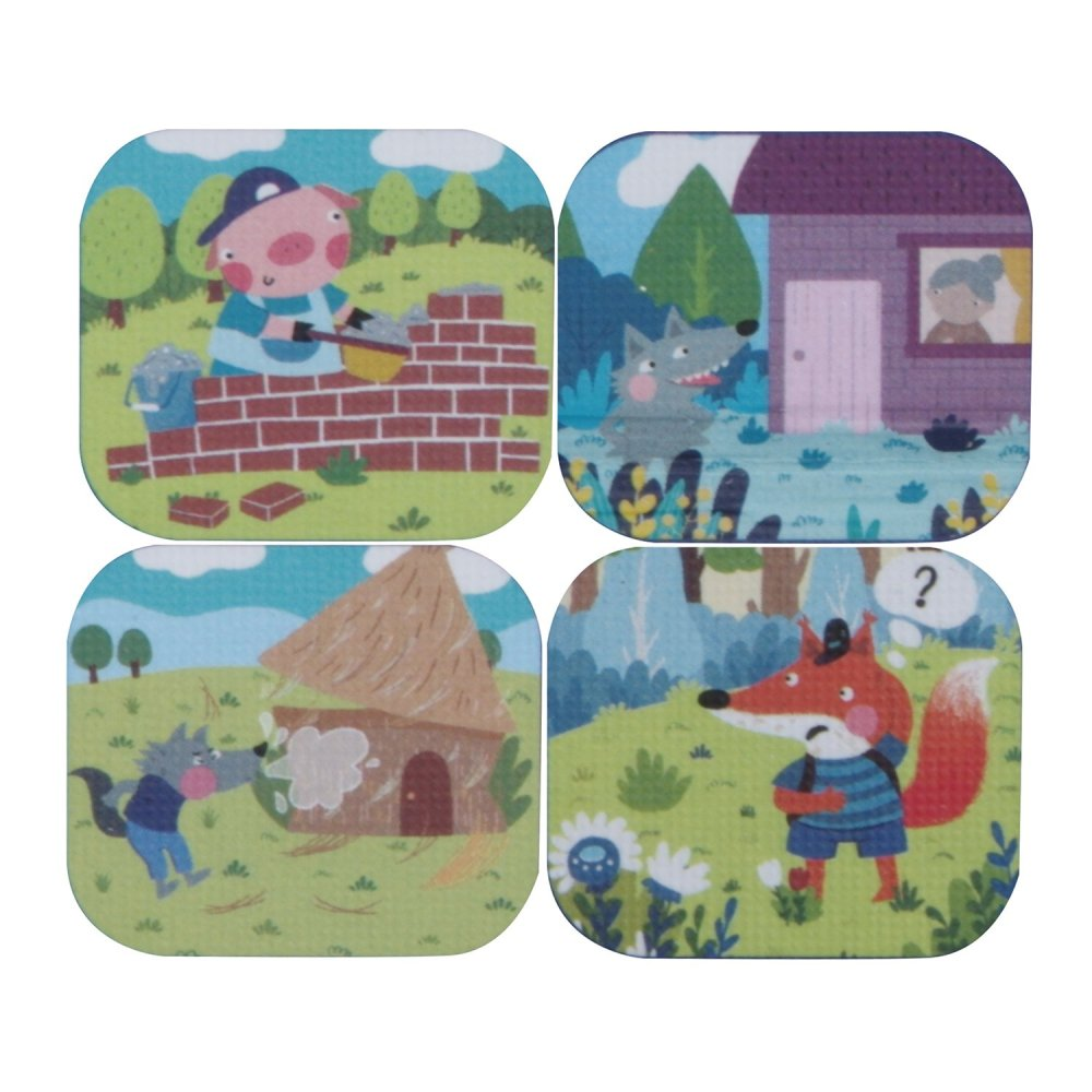 Vier Cartoon-Panels der drei kleinen Schweinchen und des Wolfs.