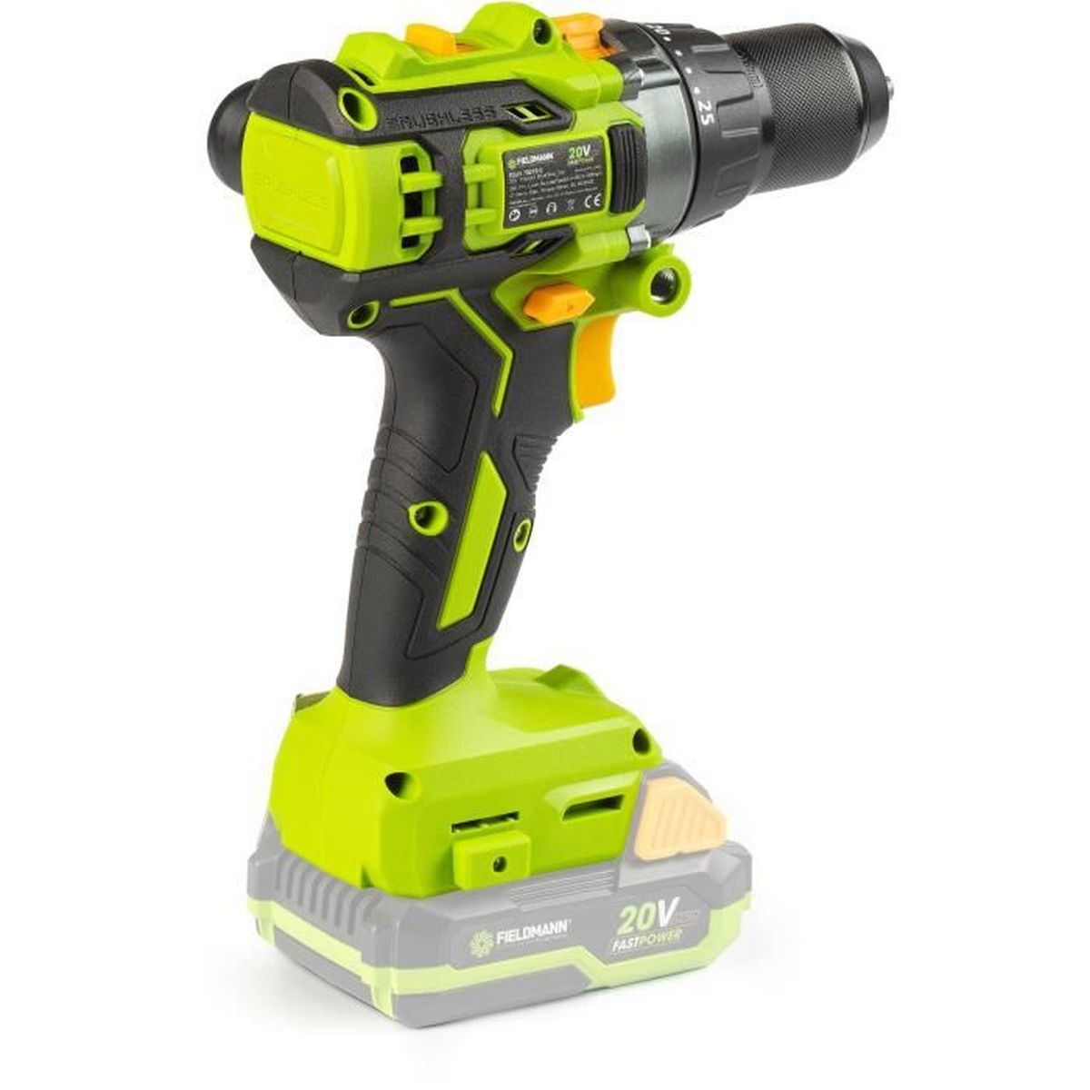 Un trapano avvitatore verde e nero senza fili con un pacco batteria e una punta.